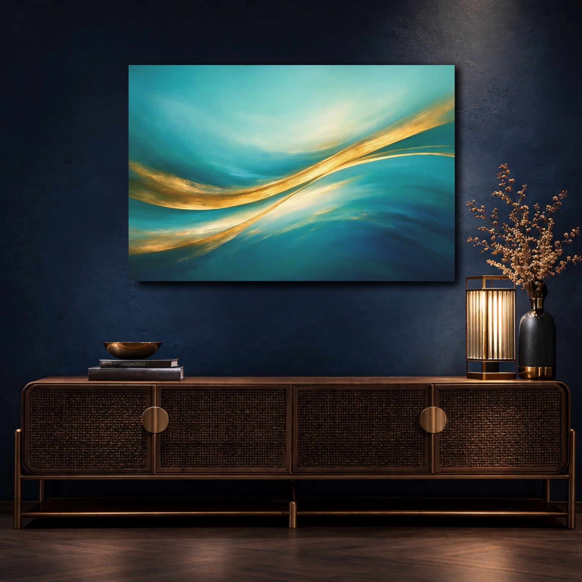 Mockup 4. Abstract Abstract Waves Turquoise And Gold shown as stretched canvas wall art