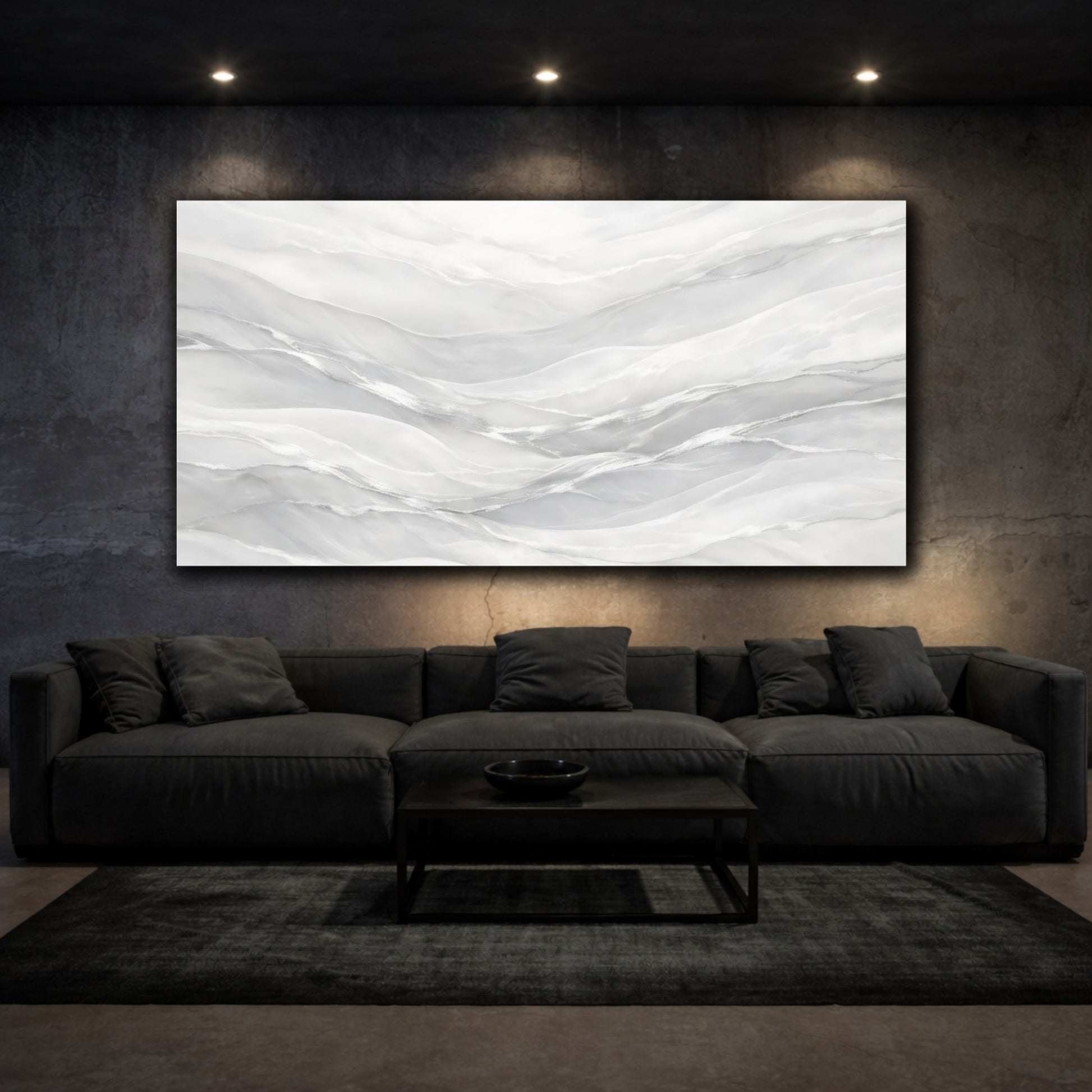 Mockup 2. Abstract Abstract Waves White And Silver shown as stretched canvas wall art