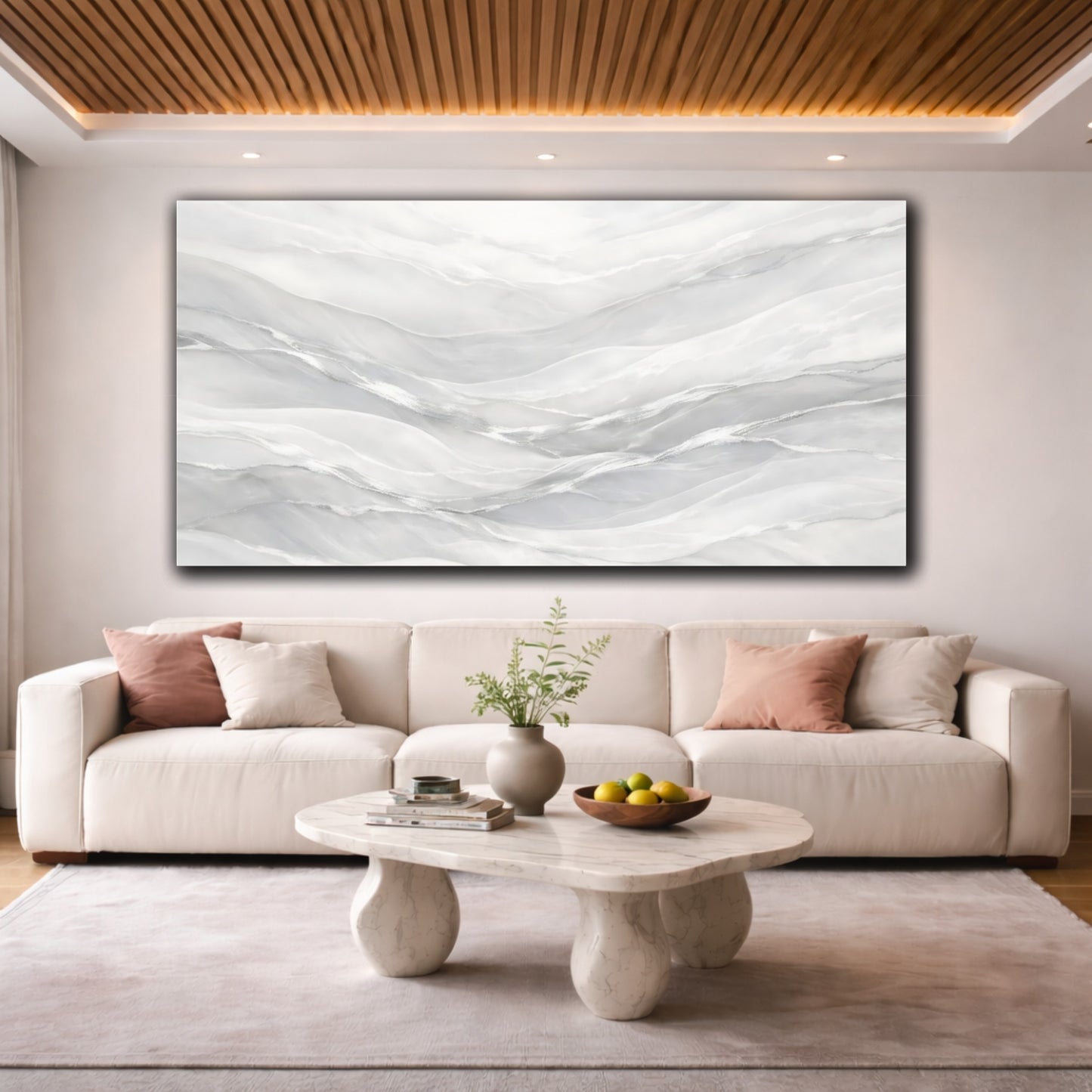 Mockup 3. Abstract Abstract Waves White And Silver shown as stretched canvas wall art