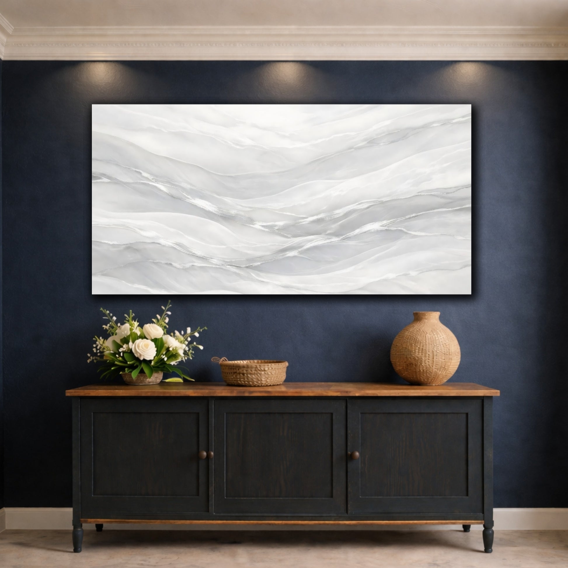 Mockup 4. Abstract Abstract Waves White And Silver shown as stretched canvas wall art