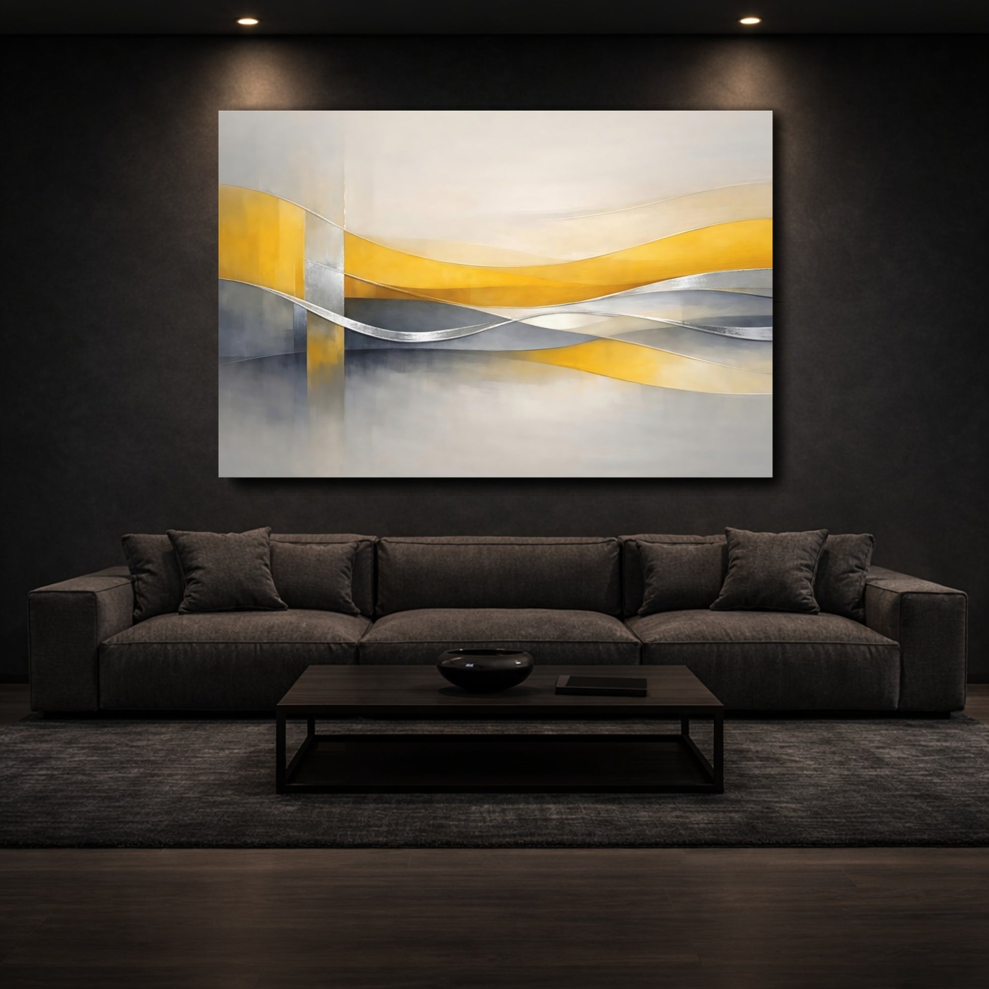 Mockup 2. Abstract Abstract Waves Yellow And Gray Abstract shown as stretched canvas wall art