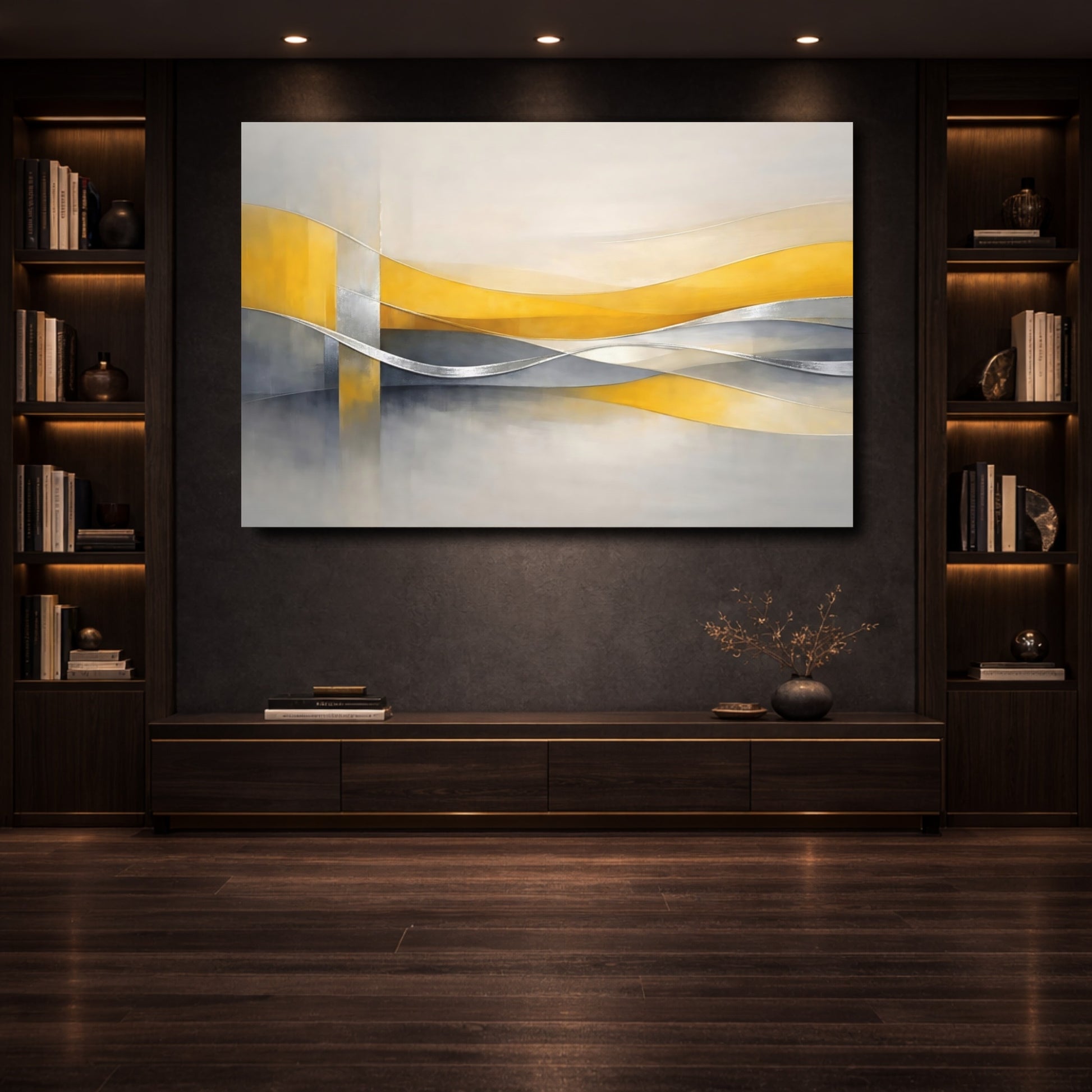 Mockup 3. Abstract Abstract Waves Yellow And Gray Abstract shown as stretched canvas wall art