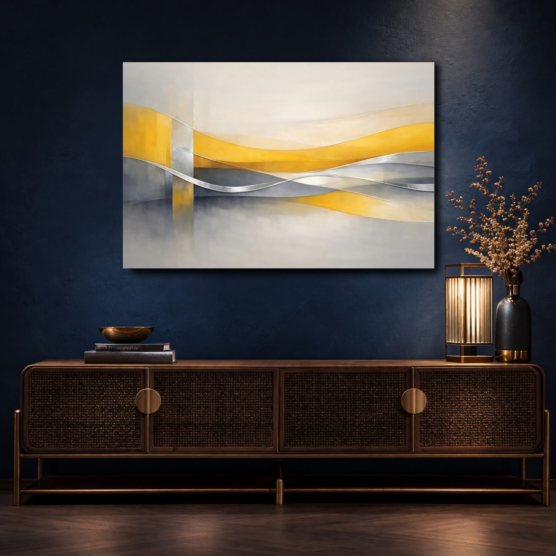 Mockup 4. Abstract Abstract Waves Yellow And Gray Abstract shown as stretched canvas wall art