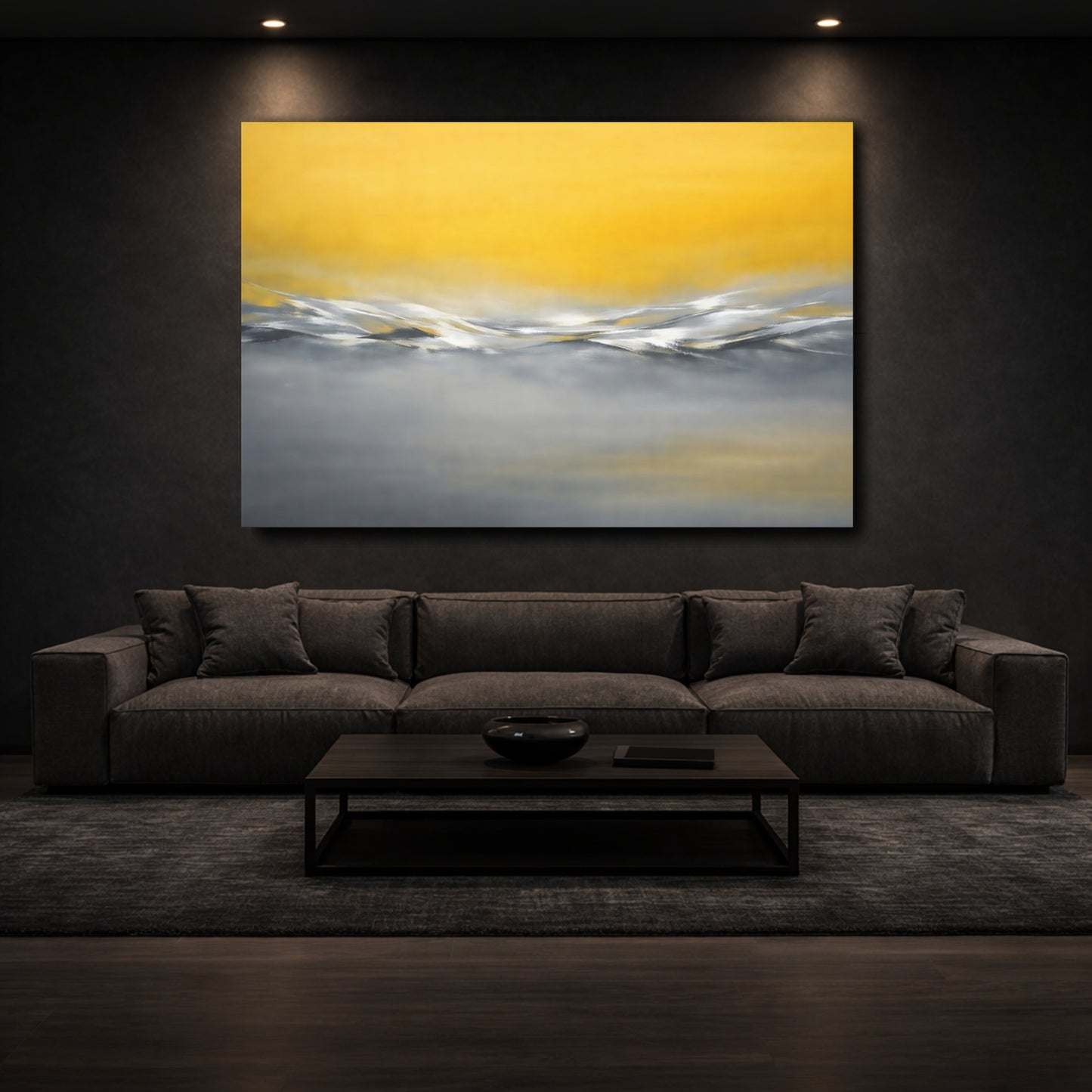 Mockup 2. Abstract Abstract Waves Yellow And Grey shown as stretched canvas wall art