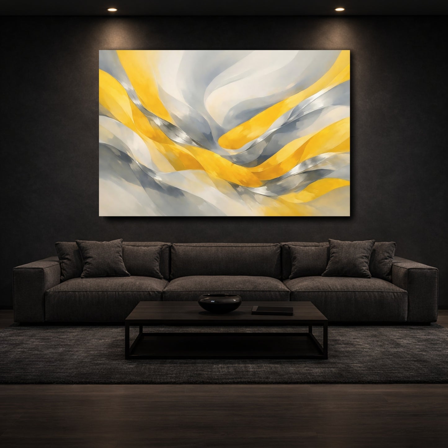 Mockup 2. Abstract Abstract Waves Yellow And Grey shown as stretched canvas wall art
