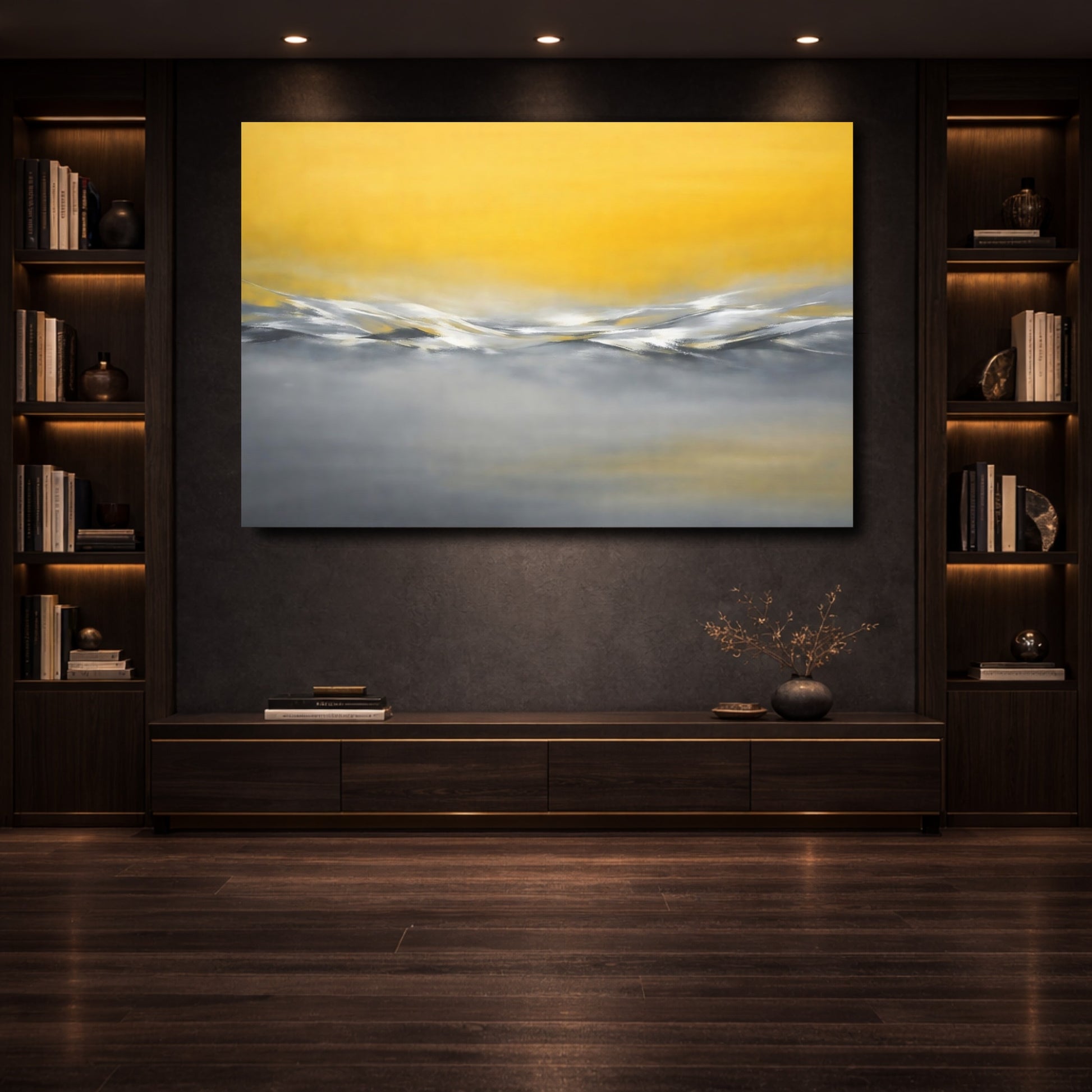 Mockup 3. Abstract Abstract Waves Yellow And Grey shown as stretched canvas wall art