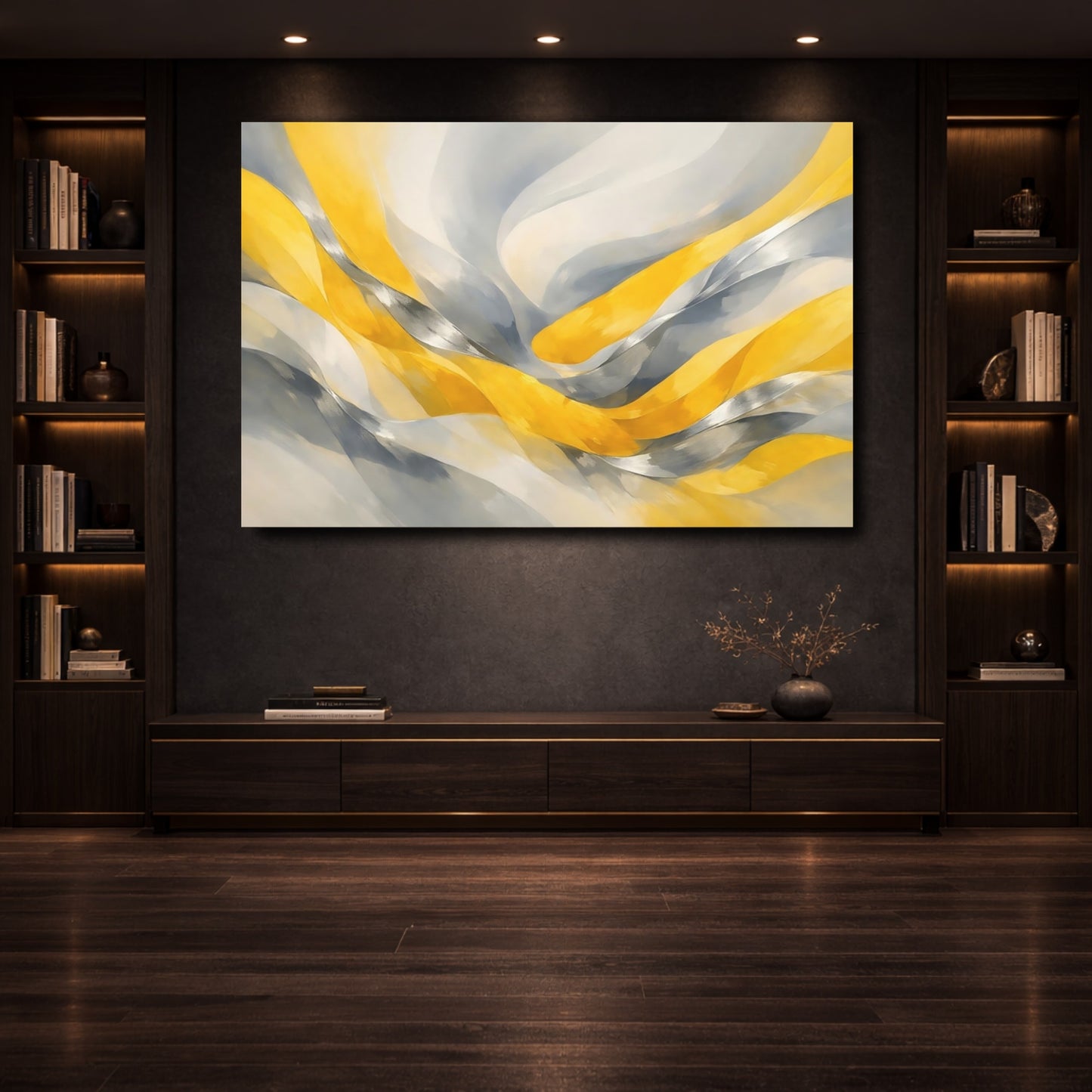 Mockup 3. Abstract Abstract Waves Yellow And Grey shown as stretched canvas wall art