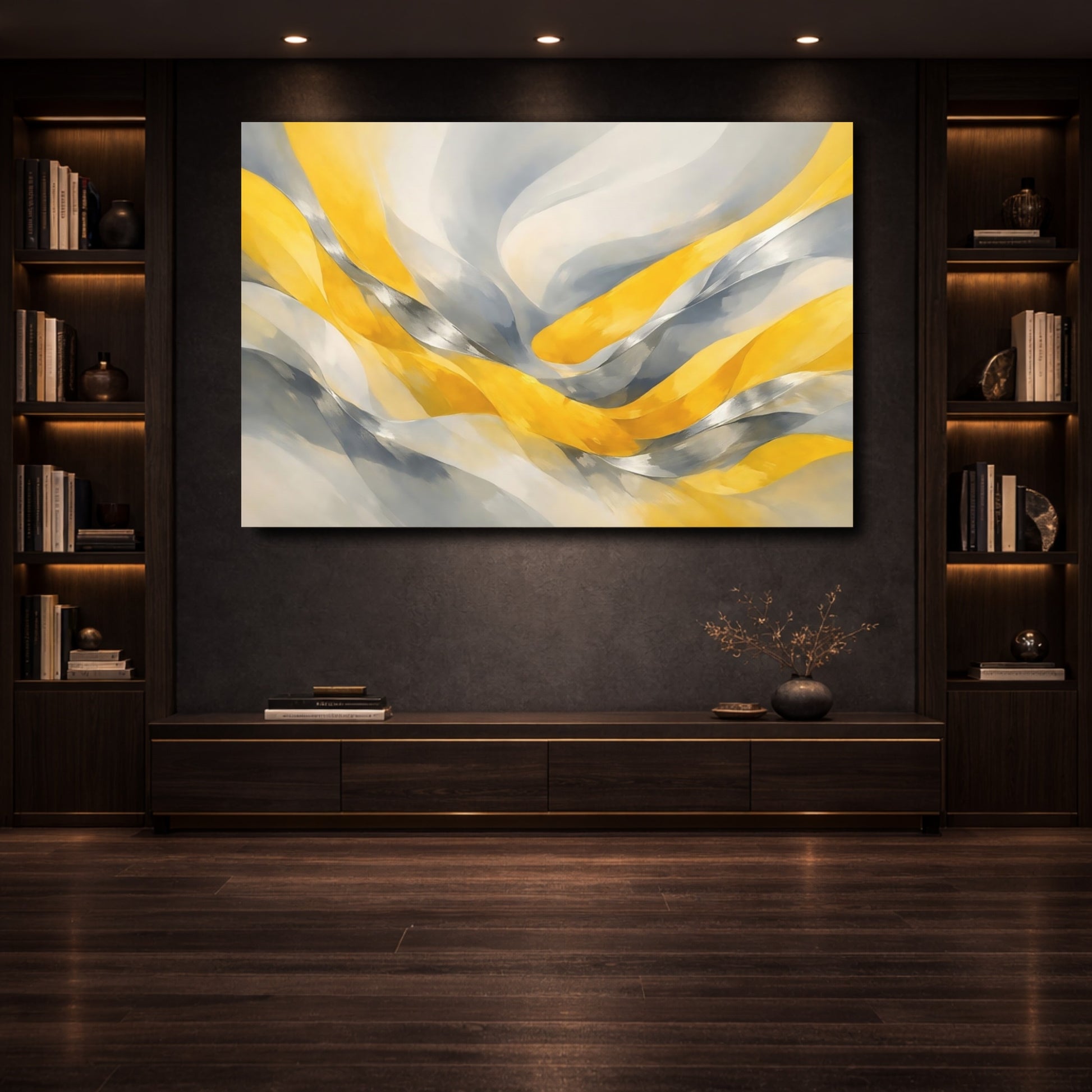 Mockup 3. Abstract Abstract Waves Yellow And Grey shown as stretched canvas wall art