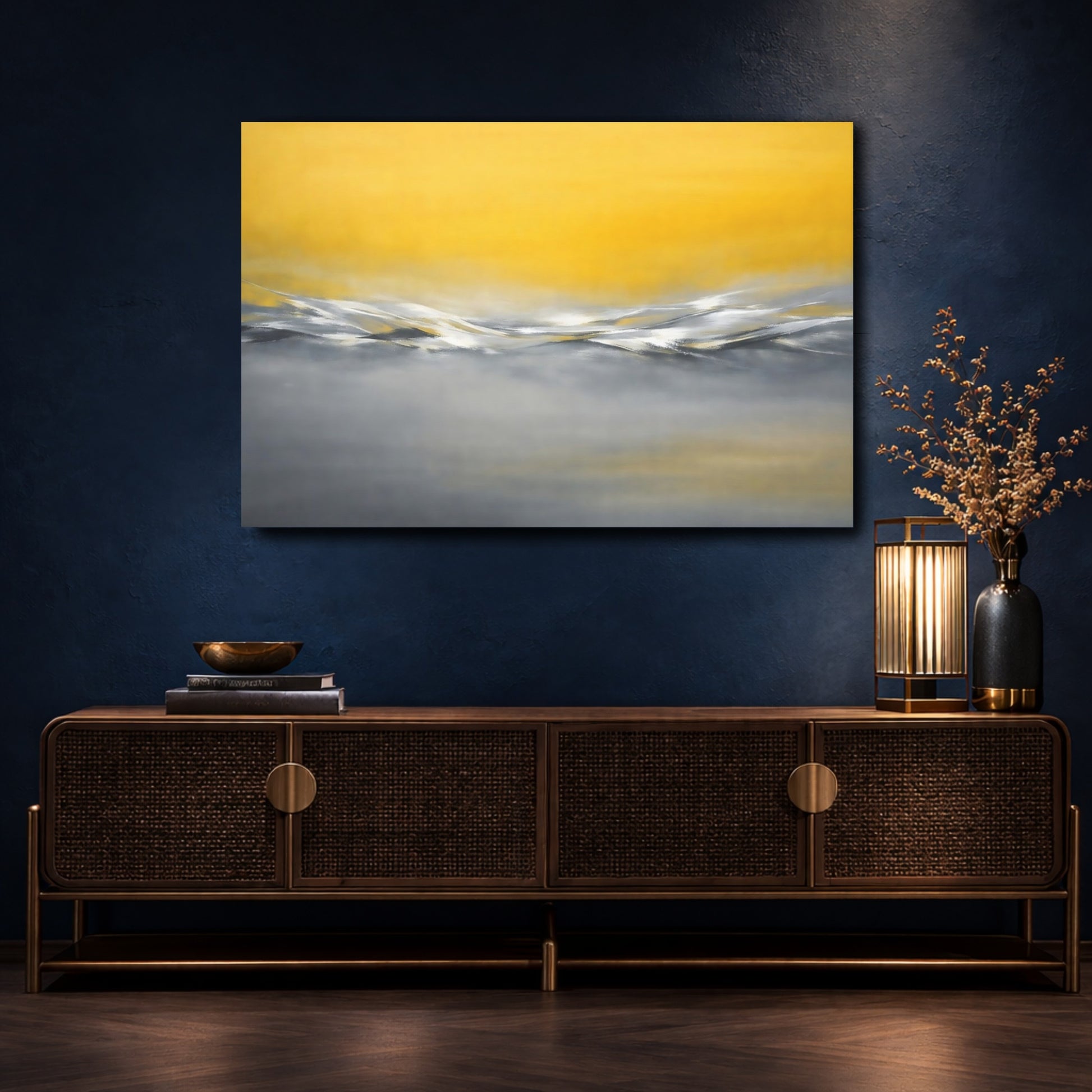 Mockup 4. Abstract Abstract Waves Yellow And Grey shown as stretched canvas wall art