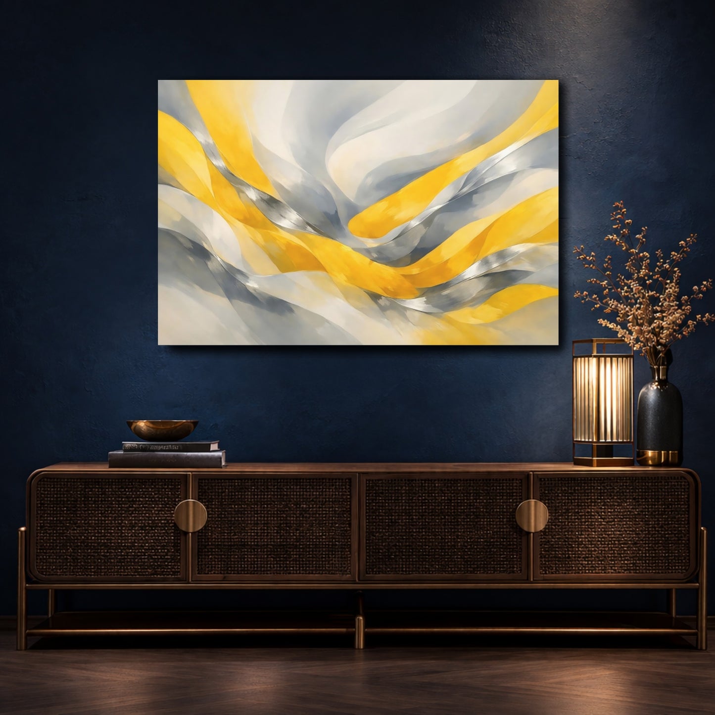 Mockup 4. Abstract Abstract Waves Yellow And Grey shown as stretched canvas wall art