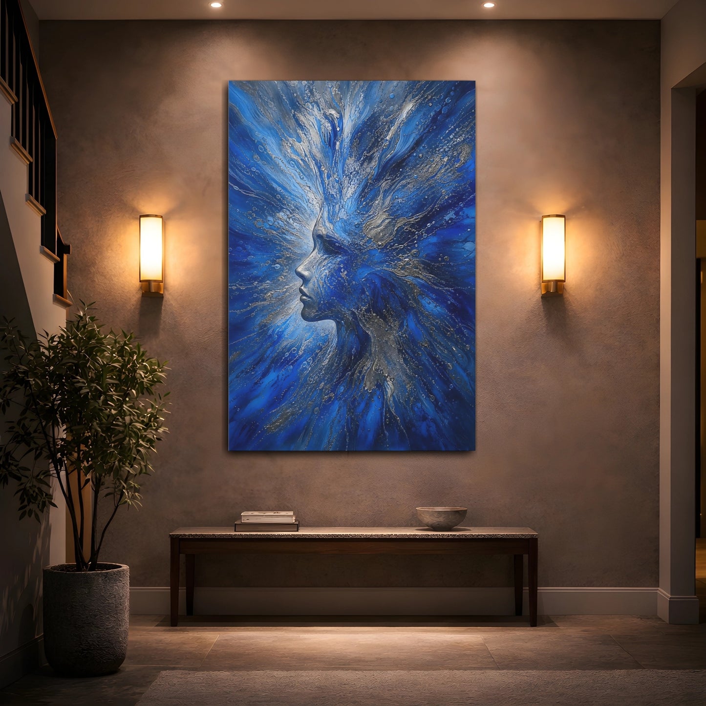 Mockup 2. Abstract Abstract Woman Blue And Silver shown as stretched canvas wall art