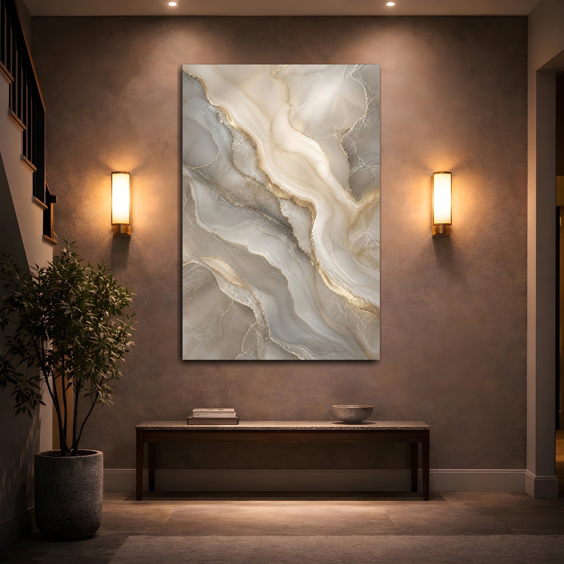 Mockup 2. Abstract Agate Pattern Gray And Gold shown as stretched canvas wall art