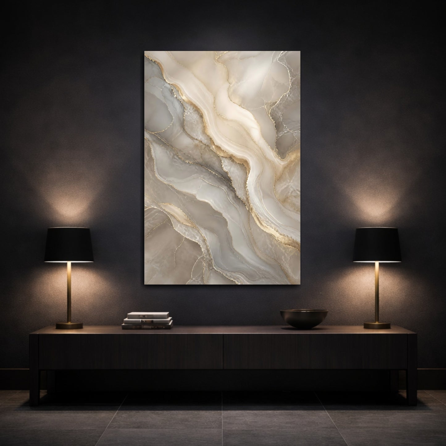 Mockup 3. Abstract Agate Pattern Gray And Gold shown as stretched canvas wall art
