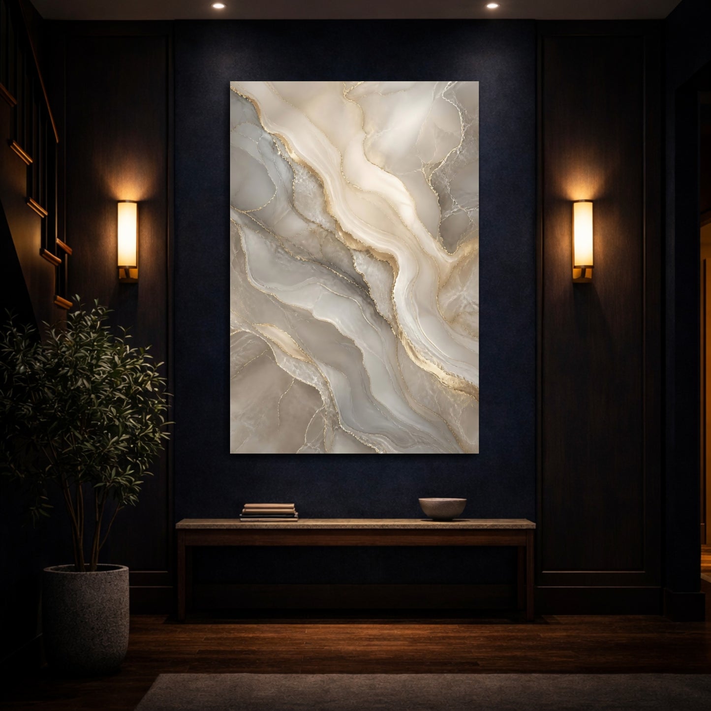 Mockup 4. Abstract Agate Pattern Gray And Gold shown as stretched canvas wall art