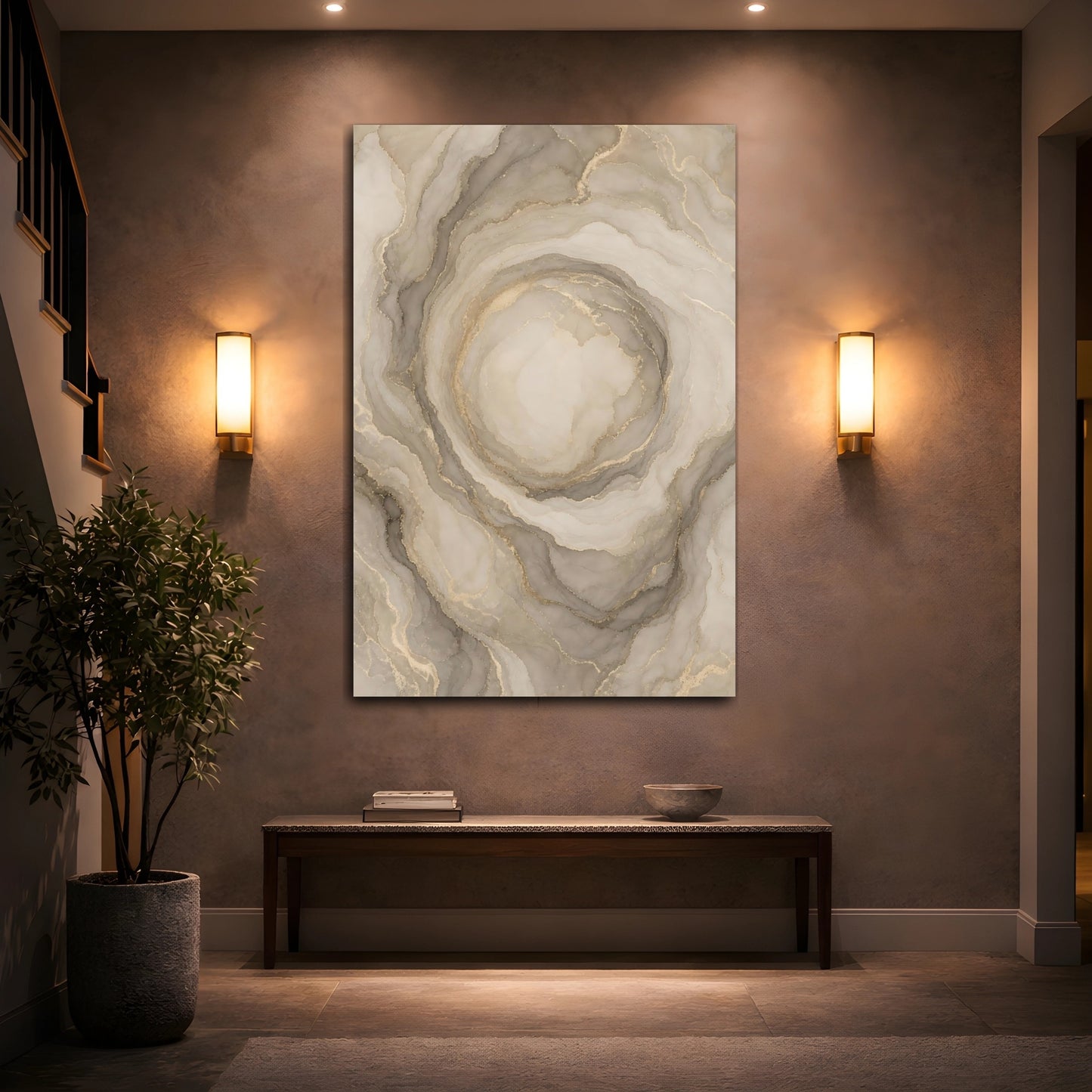 Mockup 2. Abstract Agate Pattern Neutral Gold Agate shown as stretched canvas wall art