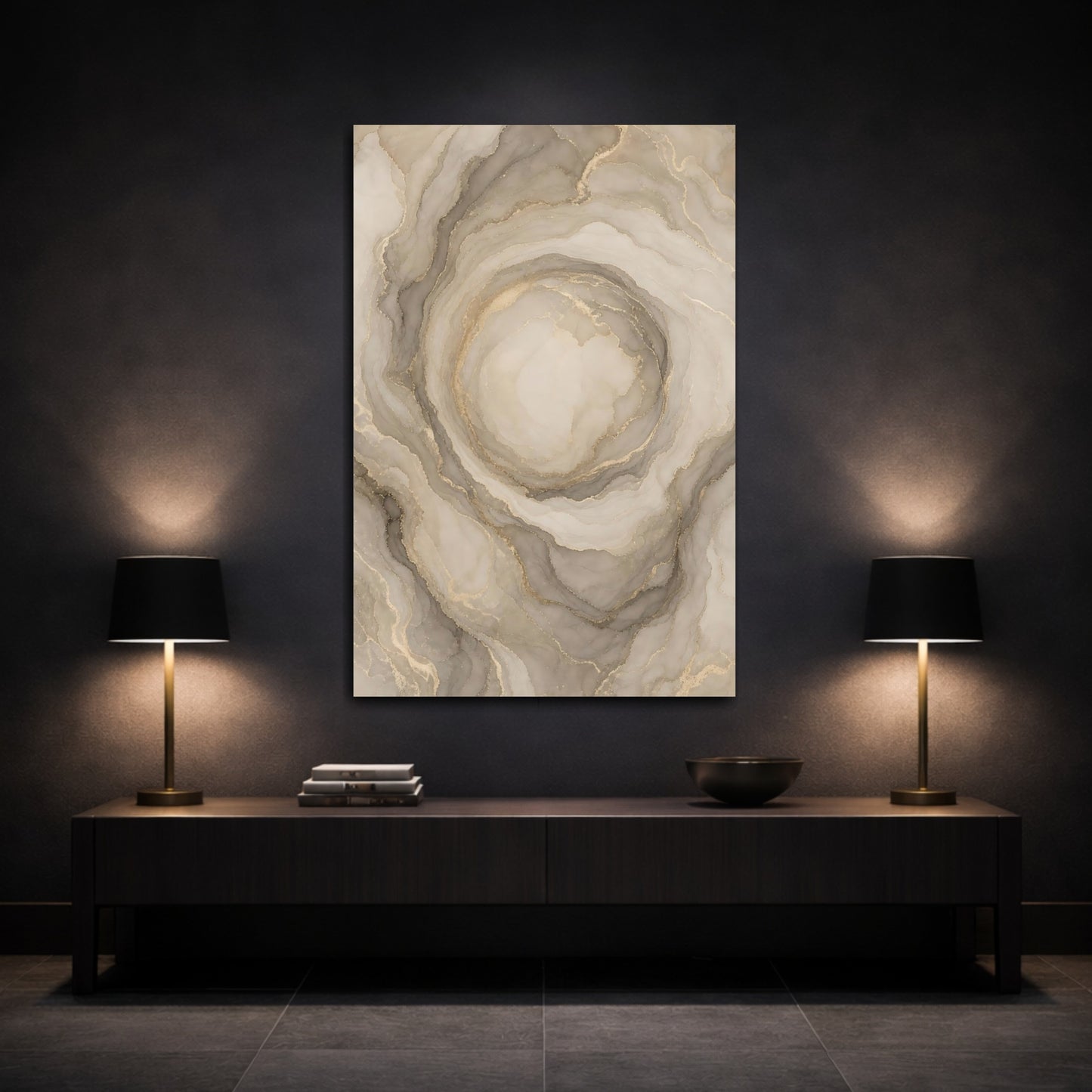 Mockup 3. Abstract Agate Pattern Neutral Gold Agate shown as stretched canvas wall art