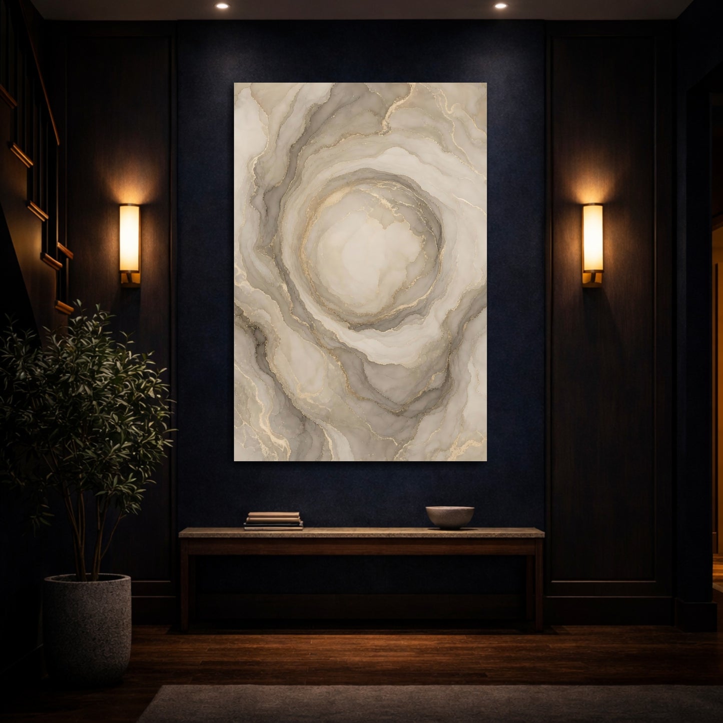 Mockup 4. Abstract Agate Pattern Neutral Gold Agate shown as stretched canvas wall art