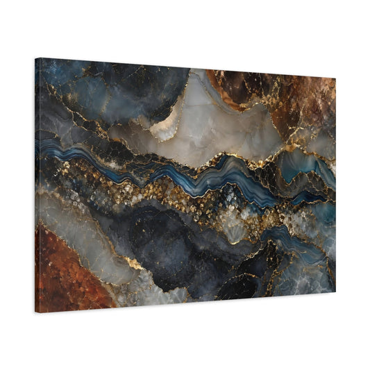 Main Mockup. Abstract Agate River Blue Gold Marble shown as stretched canvas wall art