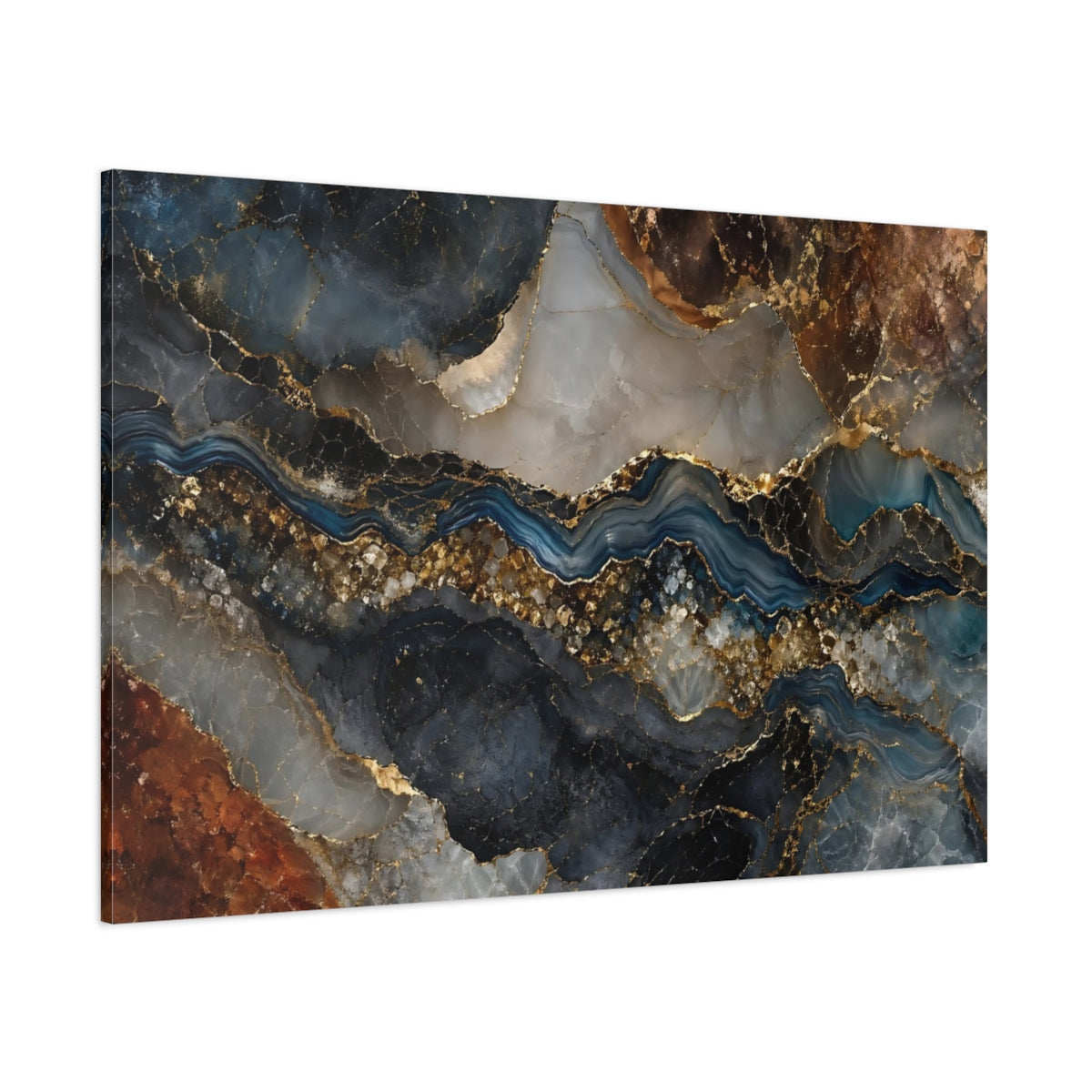 Side Mockup 1. Abstract Agate River Blue Gold Marble shown as stretched canvas wall art