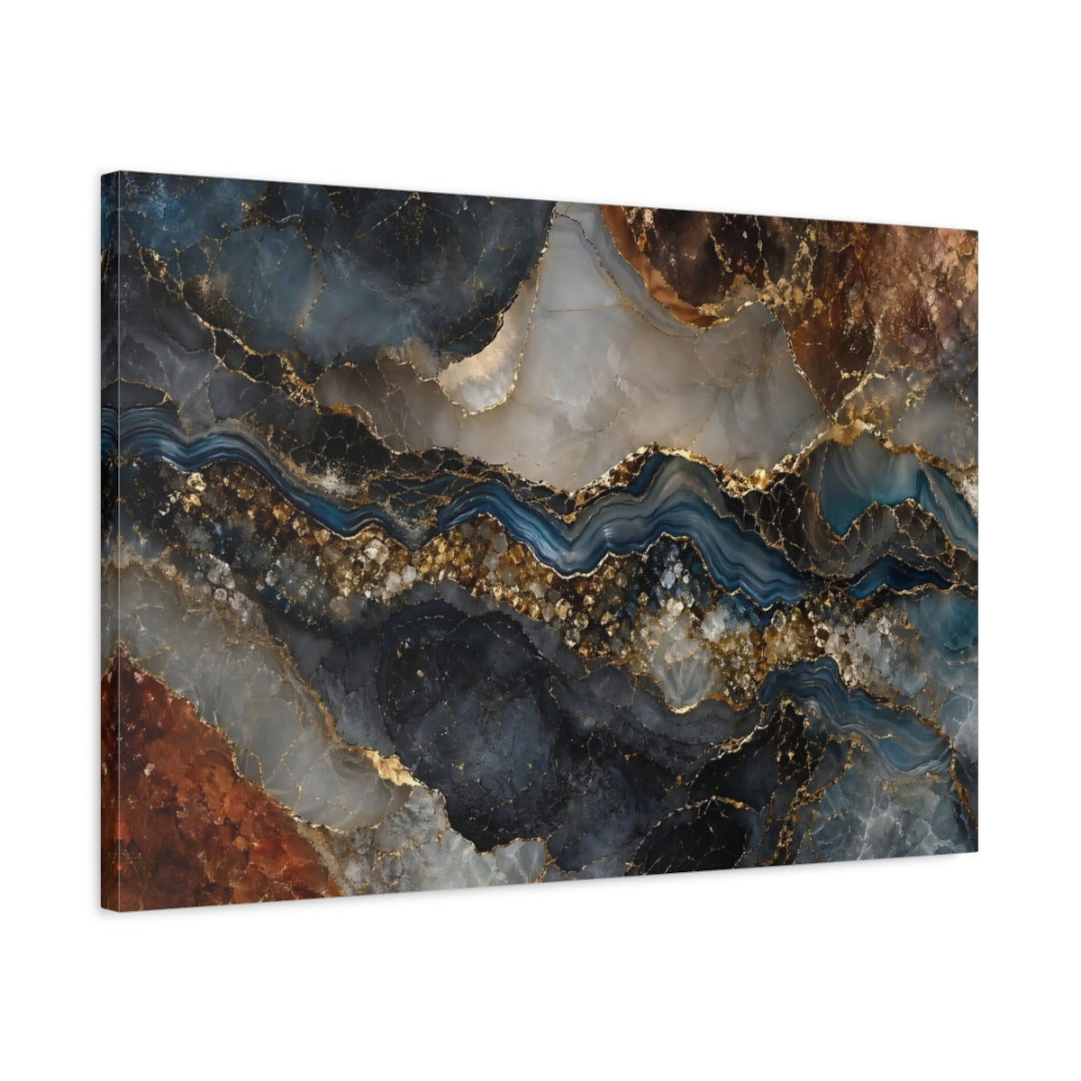 Side Mockup 2. Abstract Agate River Blue Gold Marble shown as stretched canvas wall art