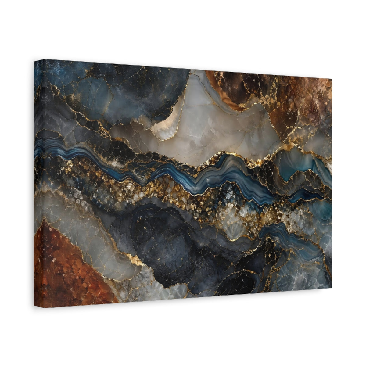 Side Mockup 4. Abstract Agate River Blue Gold Marble shown as stretched canvas wall art