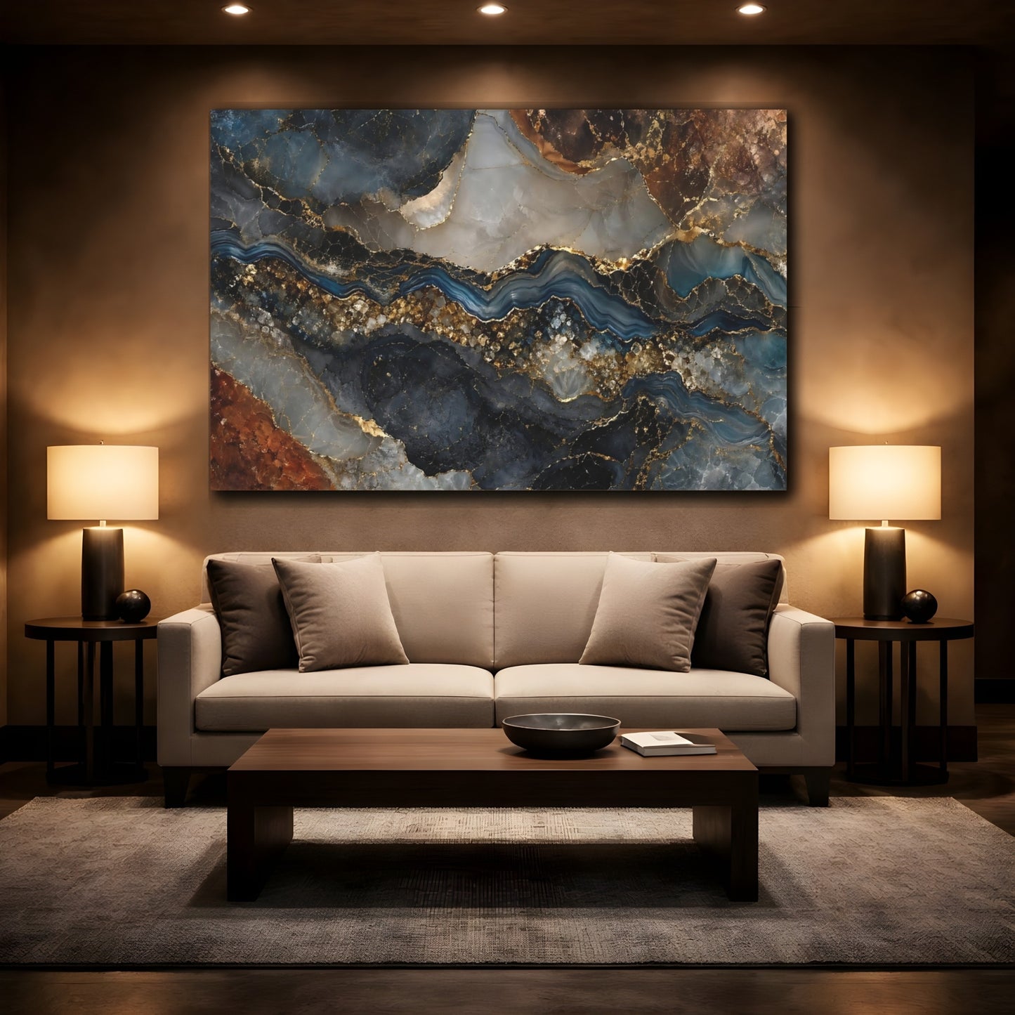 Mockup 2. Abstract Agate River Blue Gold Marble shown as stretched canvas wall art