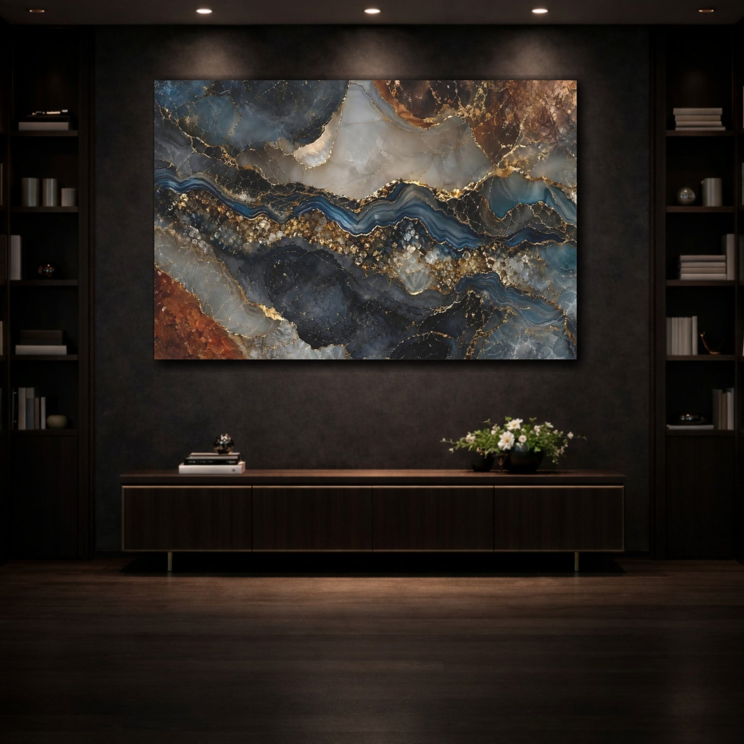 Mockup 3. Abstract Agate River Blue Gold Marble shown as stretched canvas wall art