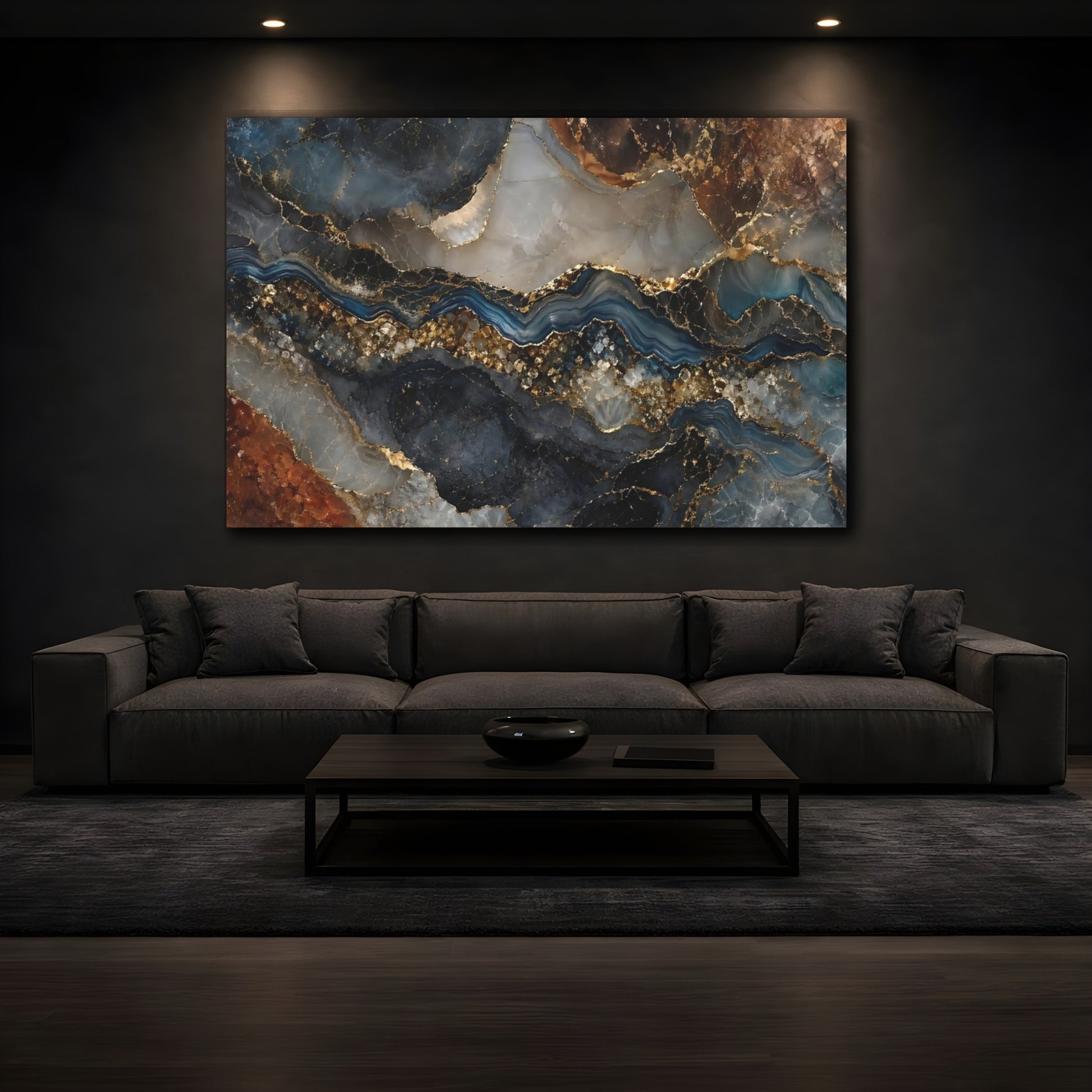 Mockup 4. Abstract Agate River Blue Gold Marble shown as stretched canvas wall art