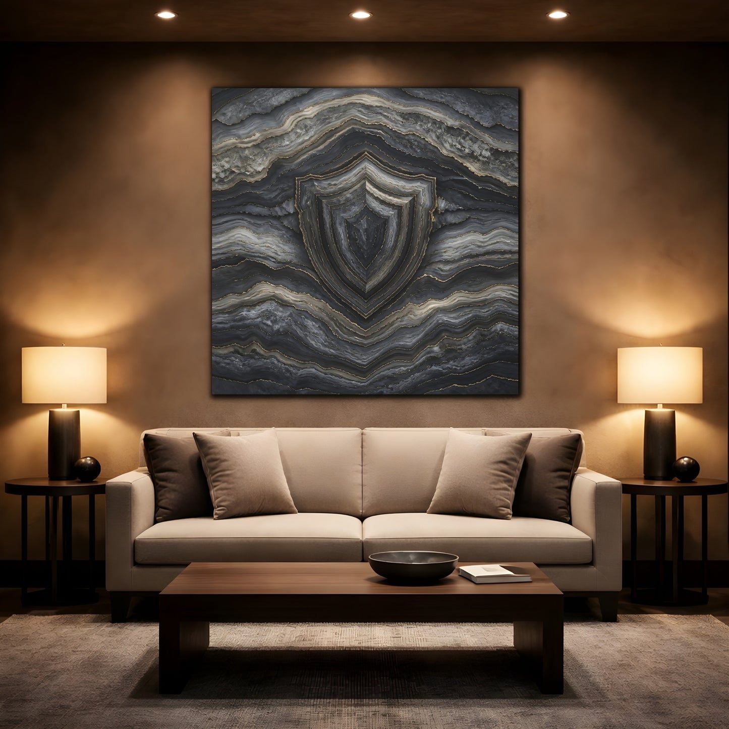 Mockup 2. Abstract Agate Shield Grey Gold Agate shown as stretched canvas wall art