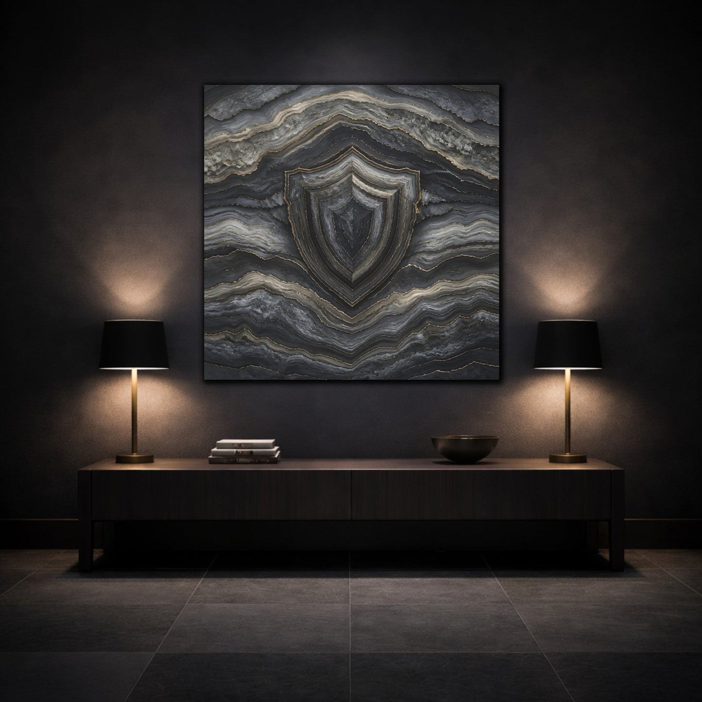 Mockup 3. Abstract Agate Shield Grey Gold Agate shown as stretched canvas wall art