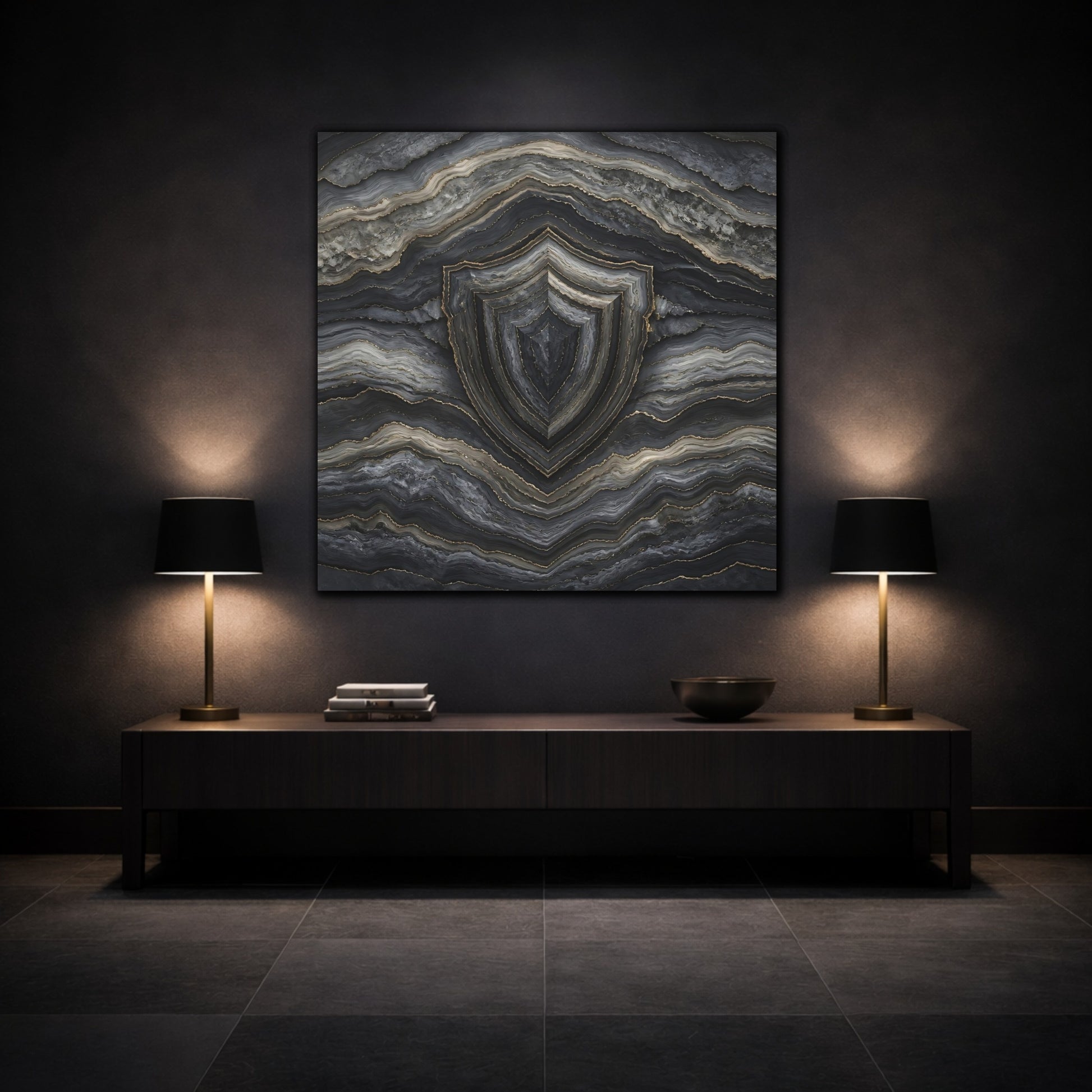 Mockup 3. Abstract Agate Shield Grey Gold Agate shown as stretched canvas wall art