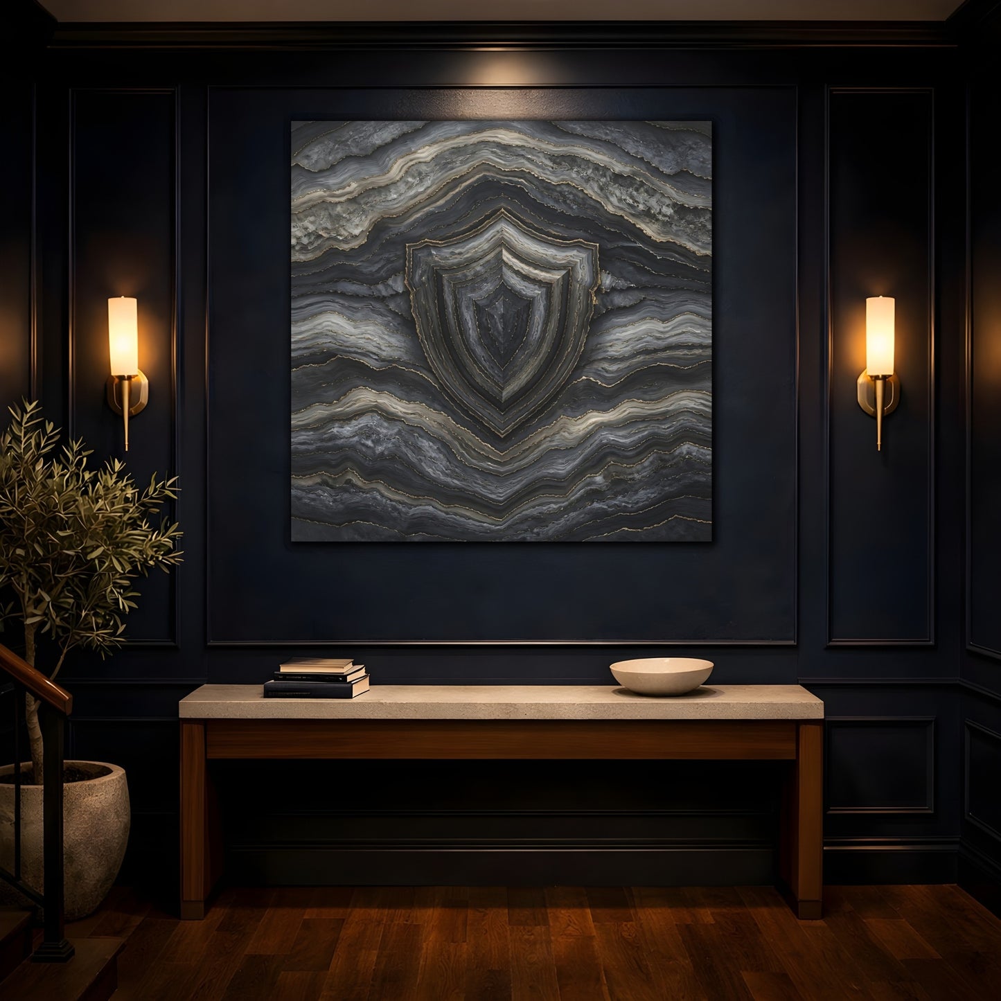 Mockup 4. Abstract Agate Shield Grey Gold Agate shown as stretched canvas wall art