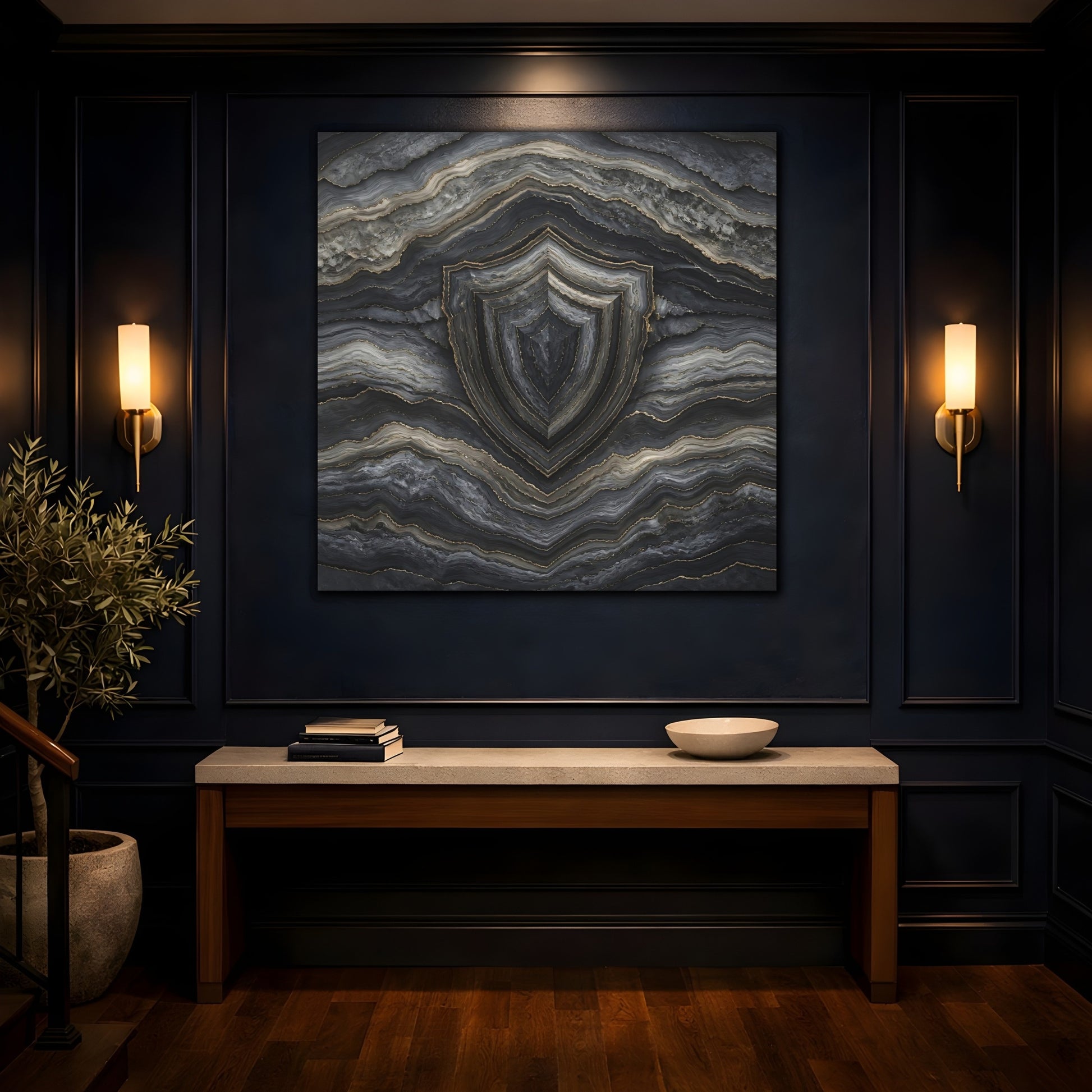 Mockup 4. Abstract Agate Shield Grey Gold Agate shown as stretched canvas wall art