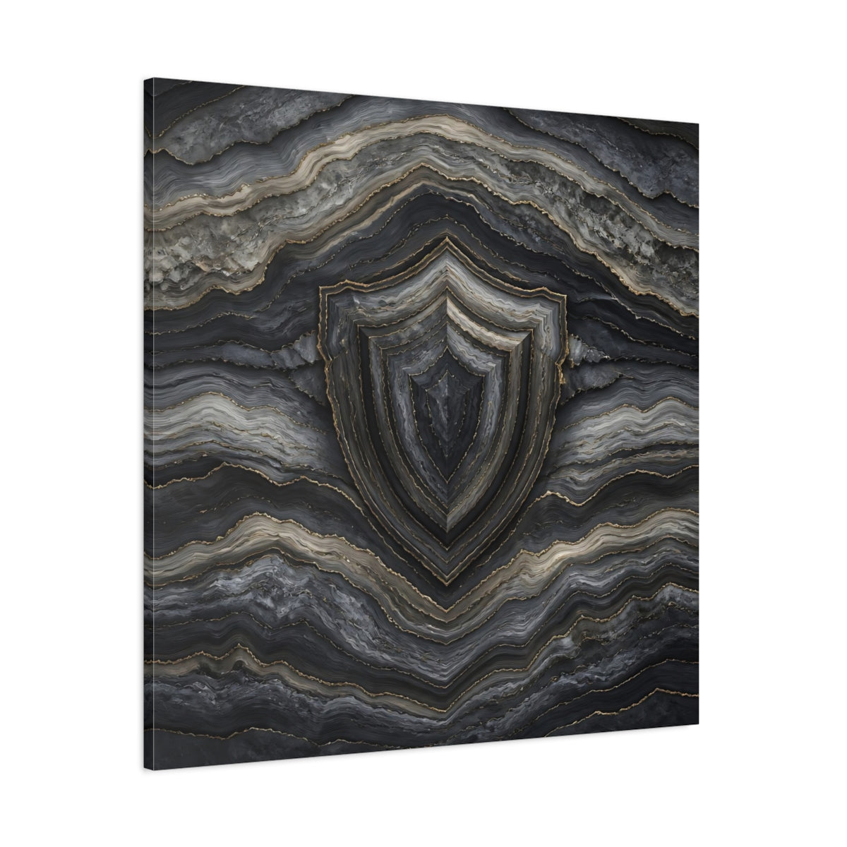 Side Mockup 1. Abstract Agate Shield Grey Gold Agate shown as stretched canvas wall art