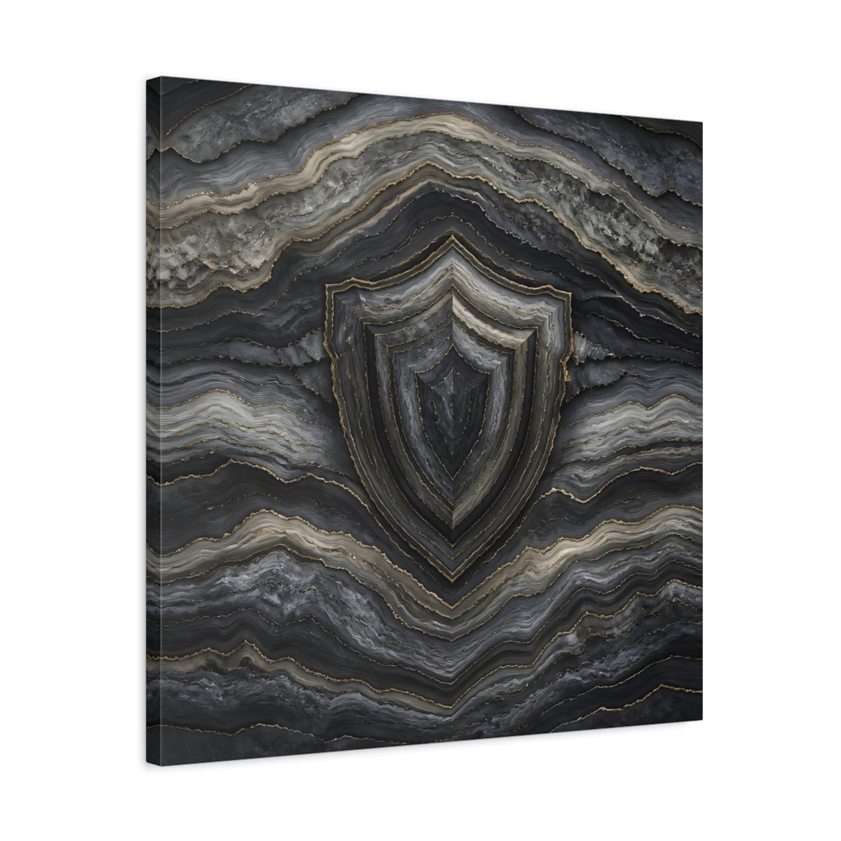 Side Mockup 4. Abstract Agate Shield Grey Gold Agate shown as stretched canvas wall art