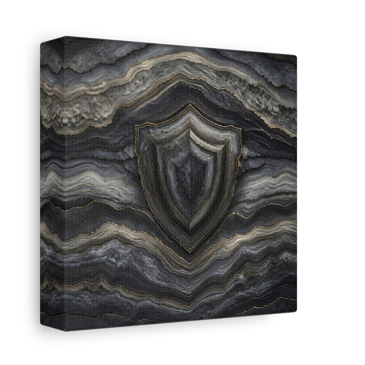 Side Mockup 2. Abstract Agate Shield Grey Gold Agate shown as stretched canvas wall art