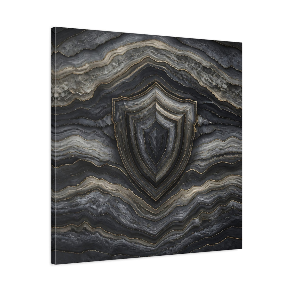 Side Mockup 3. Abstract Agate Shield Grey Gold Agate shown as stretched canvas wall art
