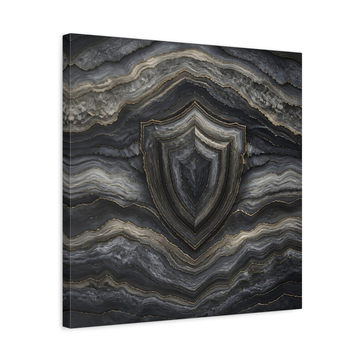 Side Mockup 5. Abstract Agate Shield Grey Gold Agate shown as stretched canvas wall art