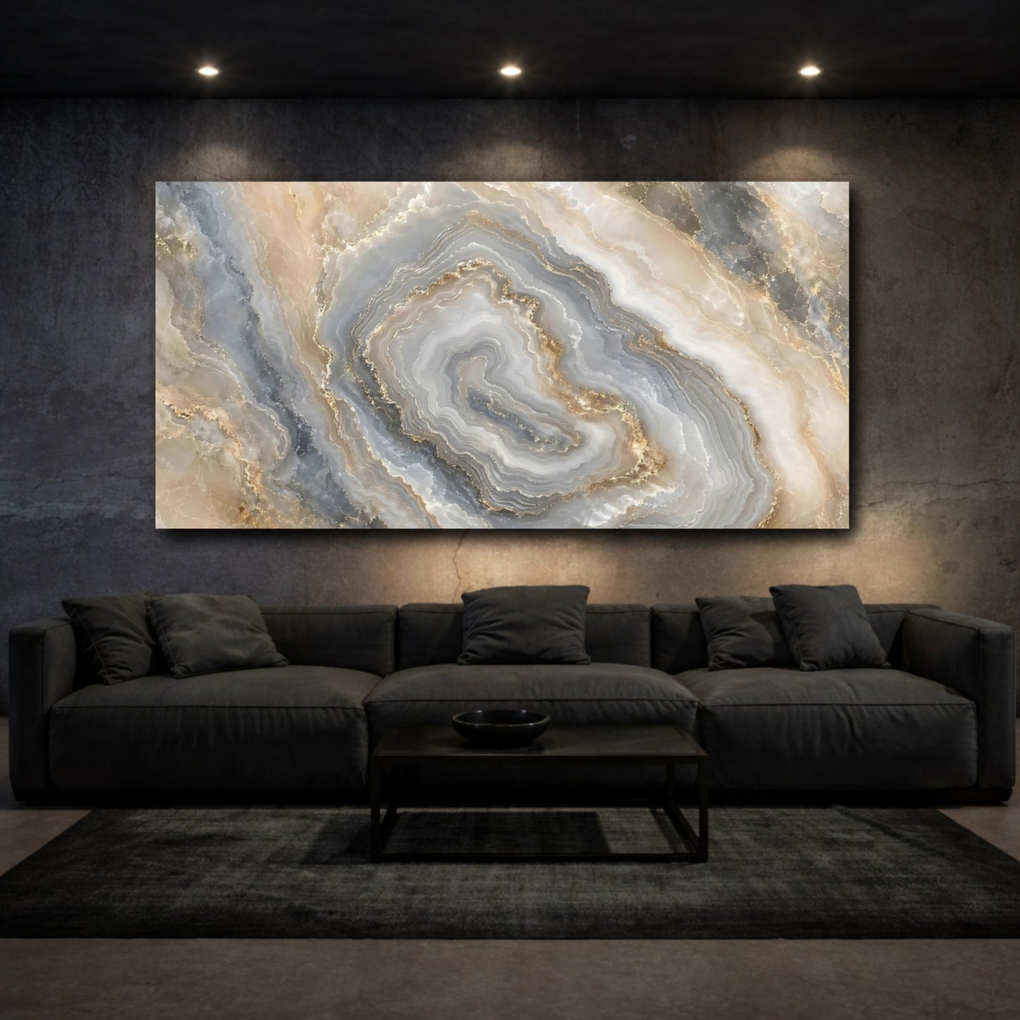 Mockup 2. Abstract Agate Stone Grey Gold Abstract shown as stretched canvas wall art