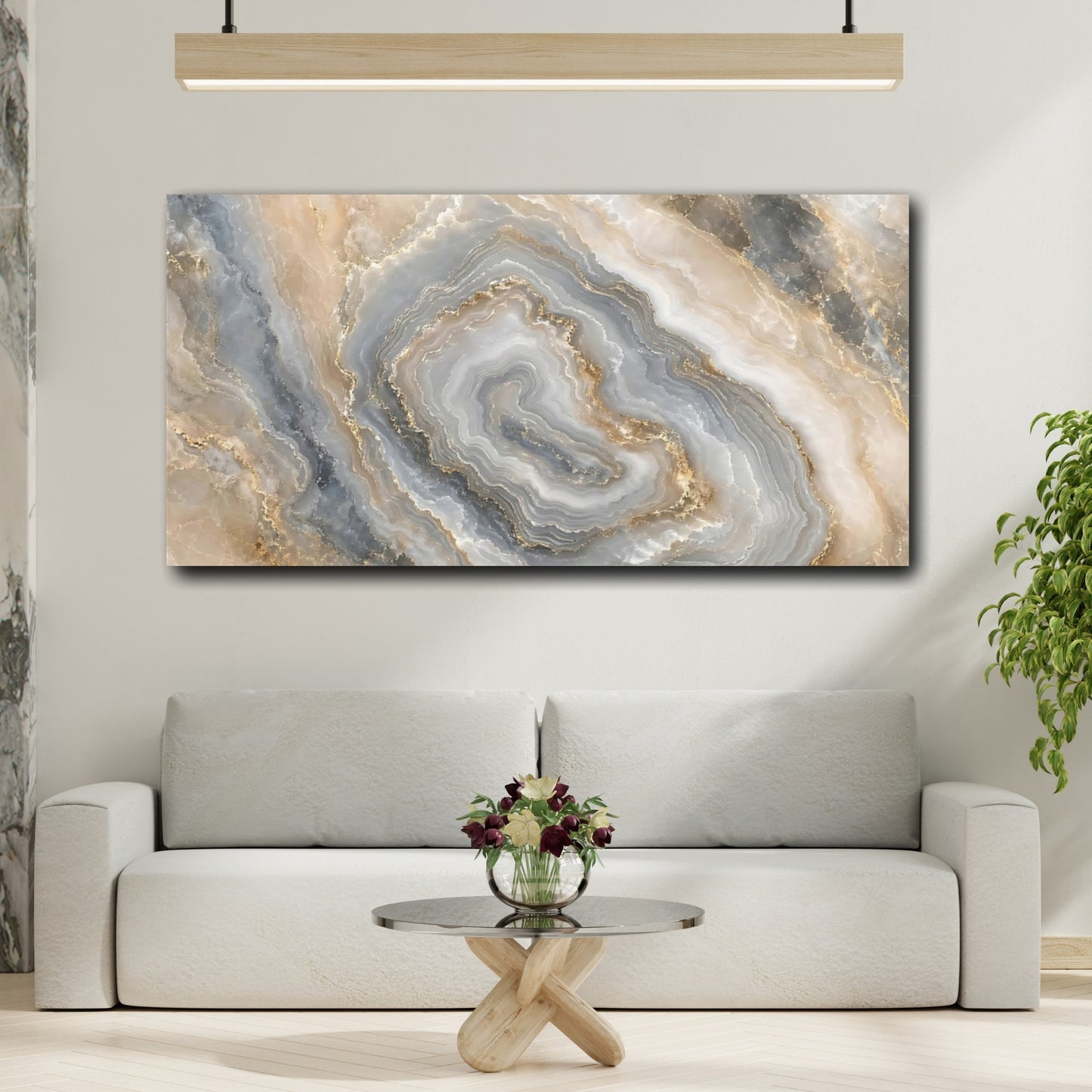 Mockup 3. Abstract Agate Stone Grey Gold Abstract shown as stretched canvas wall art