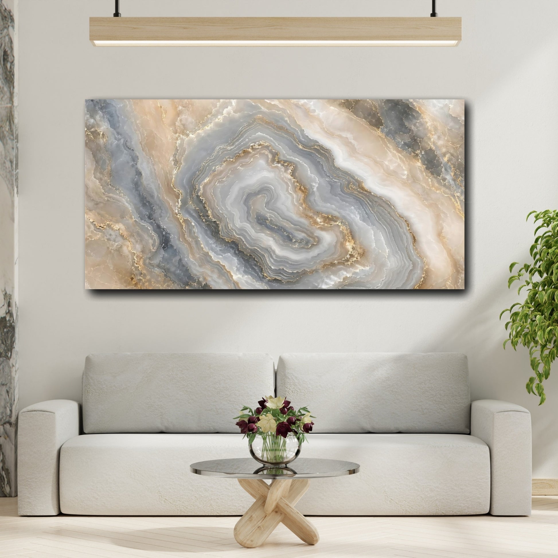 Mockup 3. Abstract Agate Stone Grey Gold Abstract shown as stretched canvas wall art