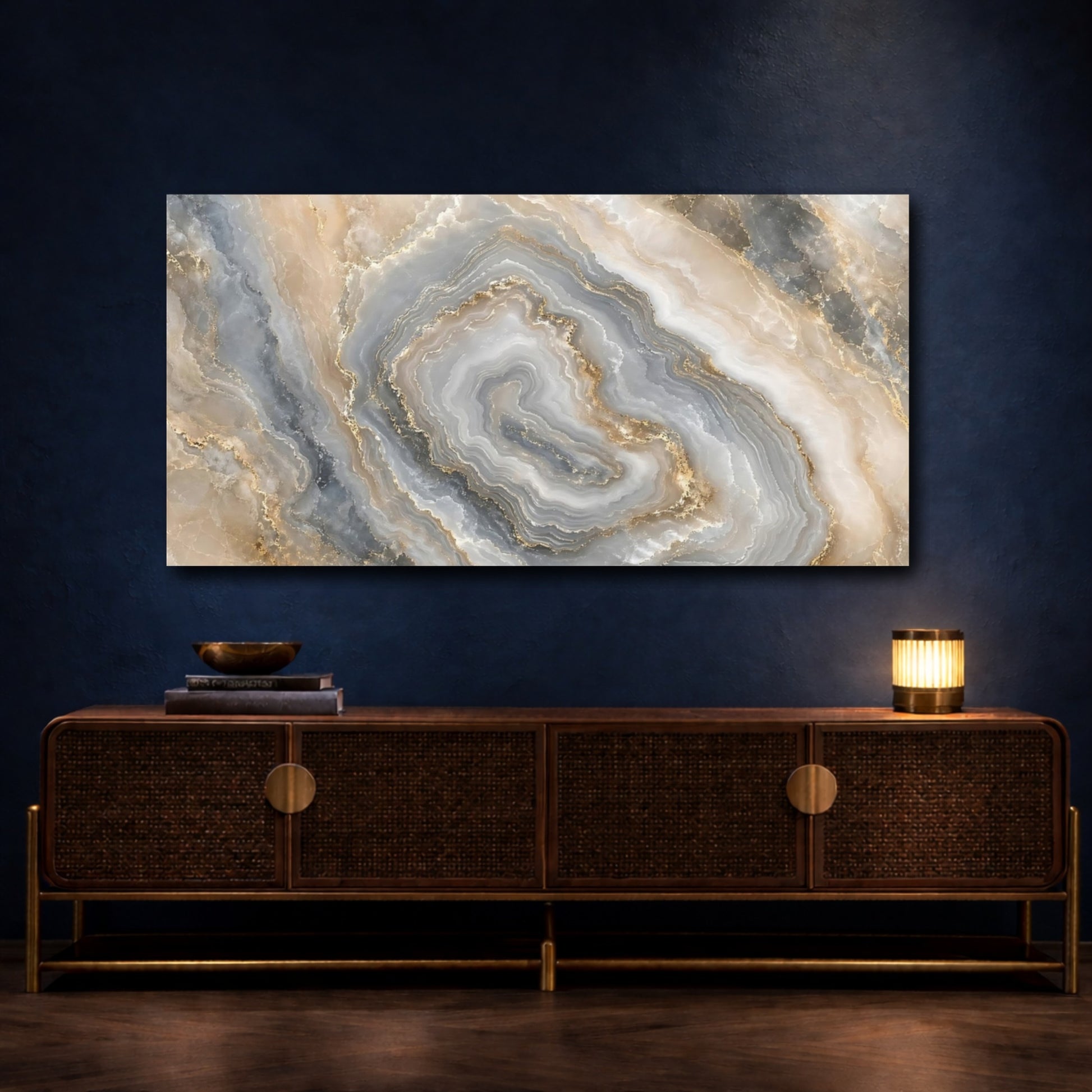 Mockup 4. Abstract Agate Stone Grey Gold Abstract shown as stretched canvas wall art