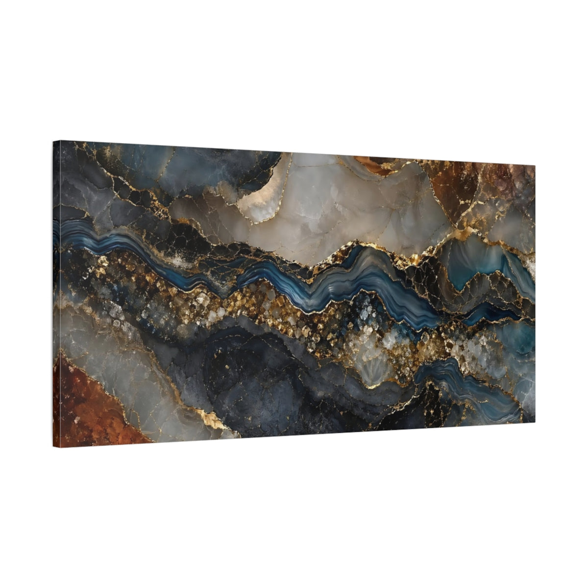 Main Mockup. Abstract Agate Texture Blue Gold Agate shown as stretched canvas wall art