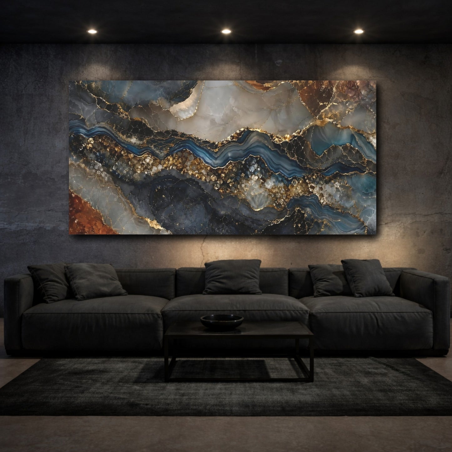 Mockup 2. Abstract Agate Texture Blue Gold Agate shown as stretched canvas wall art