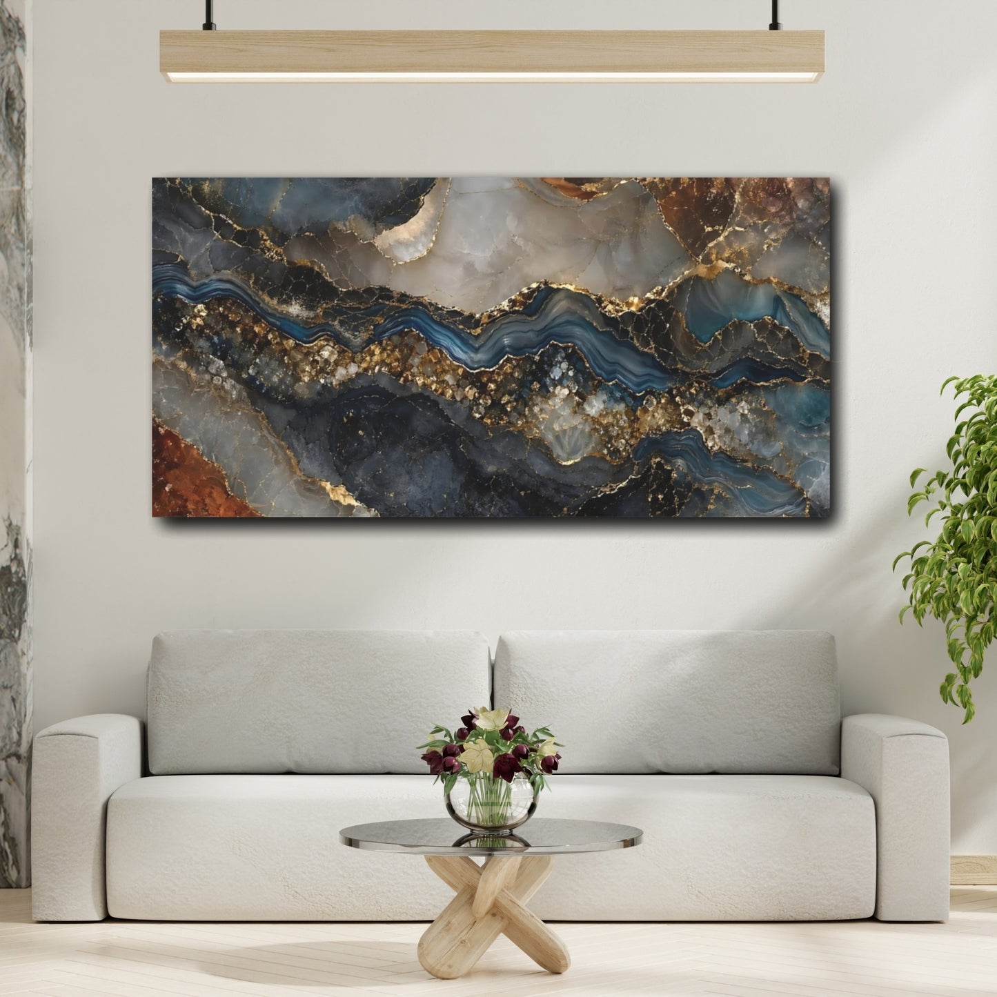 Mockup 3. Abstract Agate Texture Blue Gold Agate shown as stretched canvas wall art