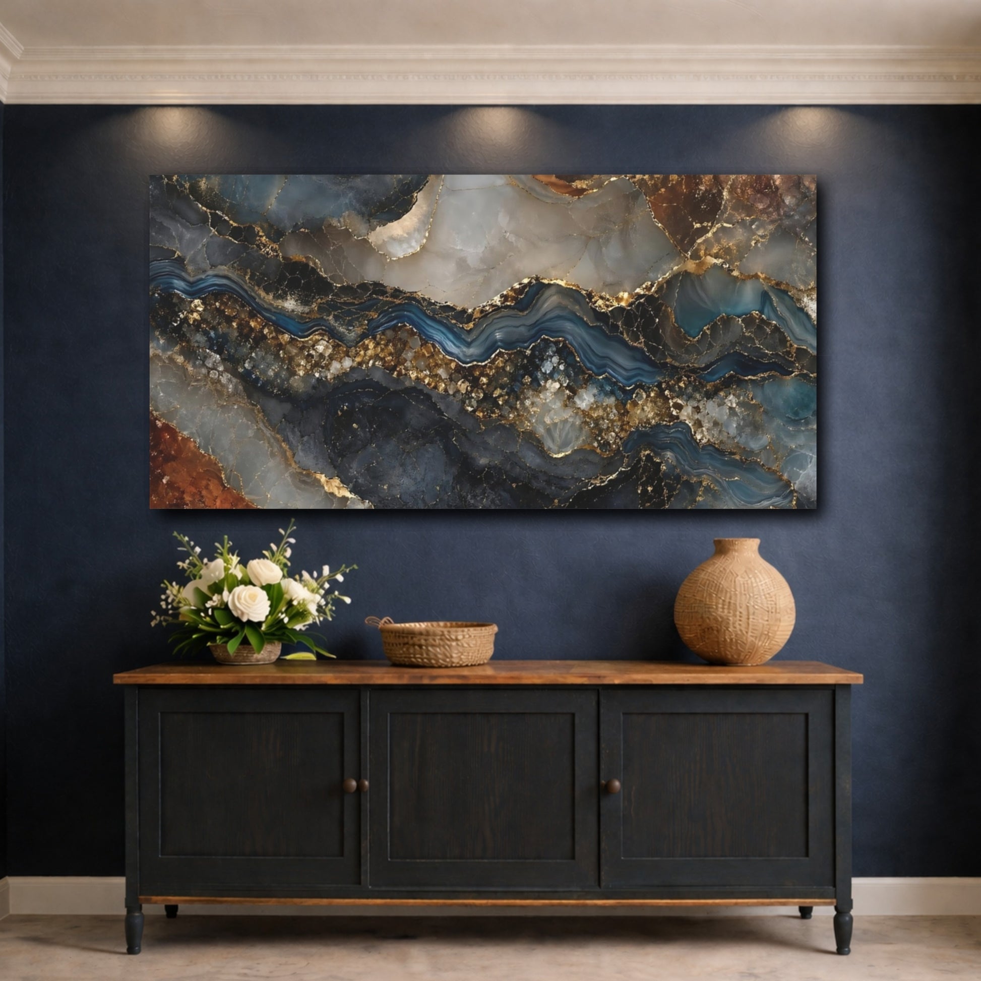 Mockup 4. Abstract Agate Texture Blue Gold Agate shown as stretched canvas wall art