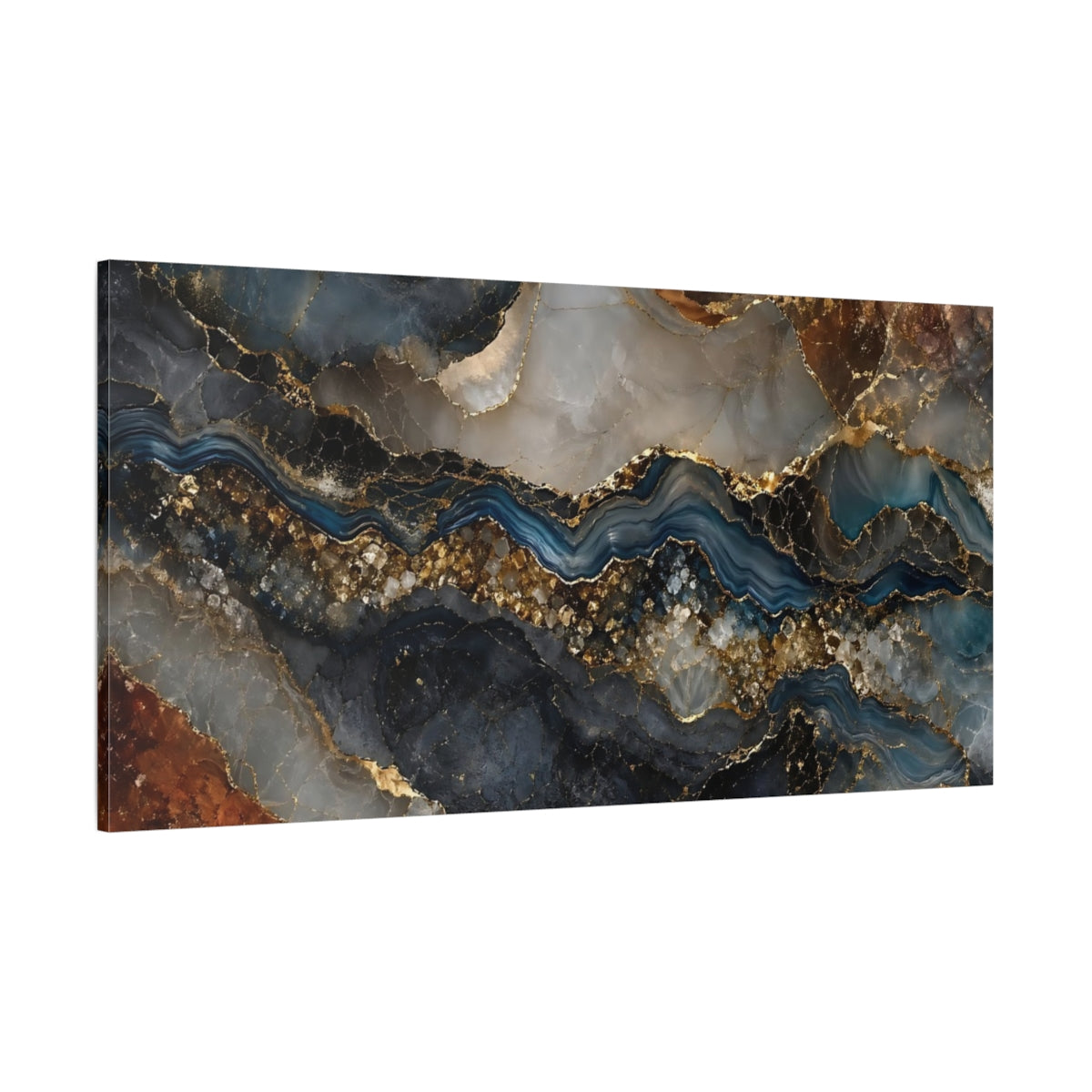 Side Mockup 2. Abstract Agate Texture Blue Gold Agate shown as stretched canvas wall art