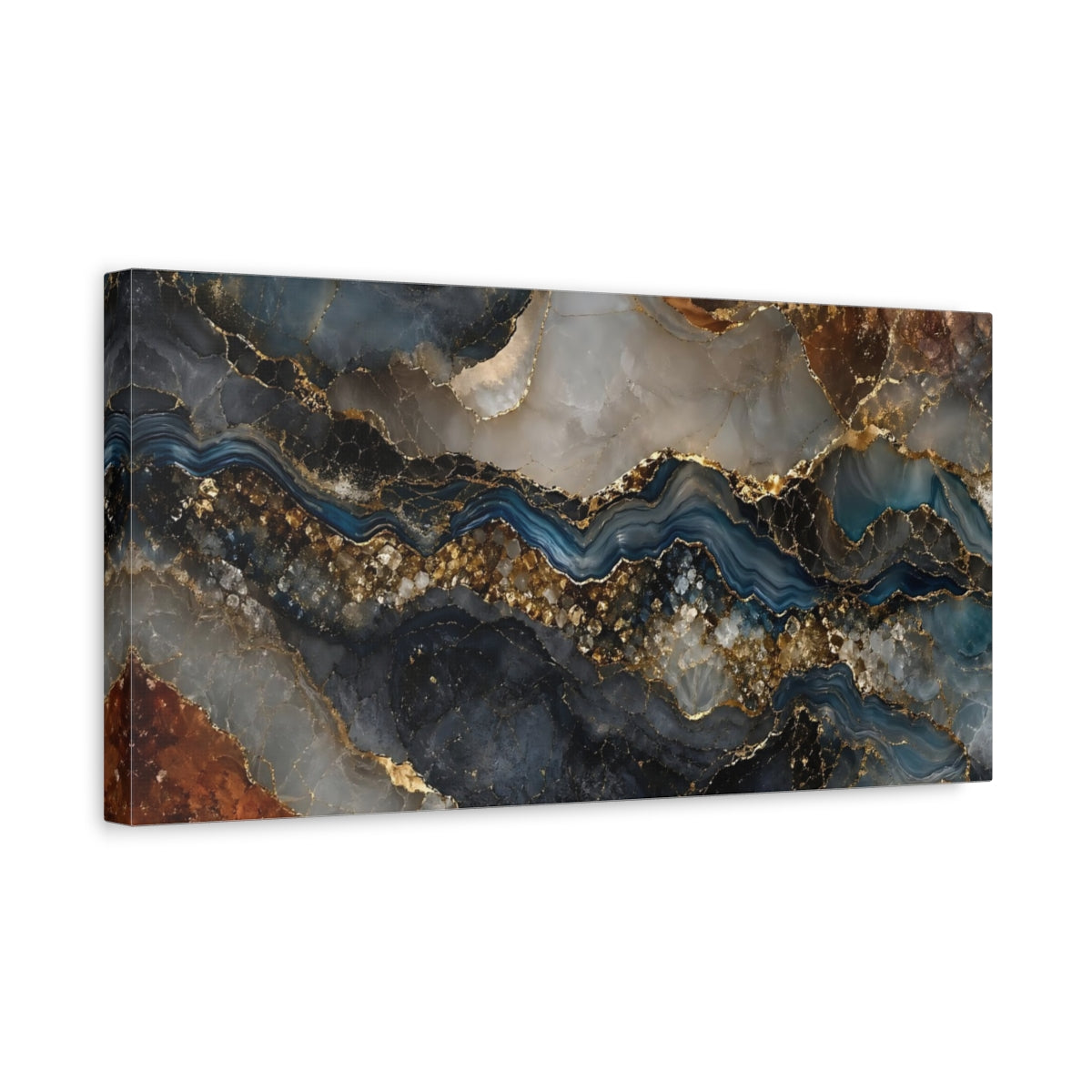Side Mockup 3. Abstract Agate Texture Blue Gold Agate shown as stretched canvas wall art