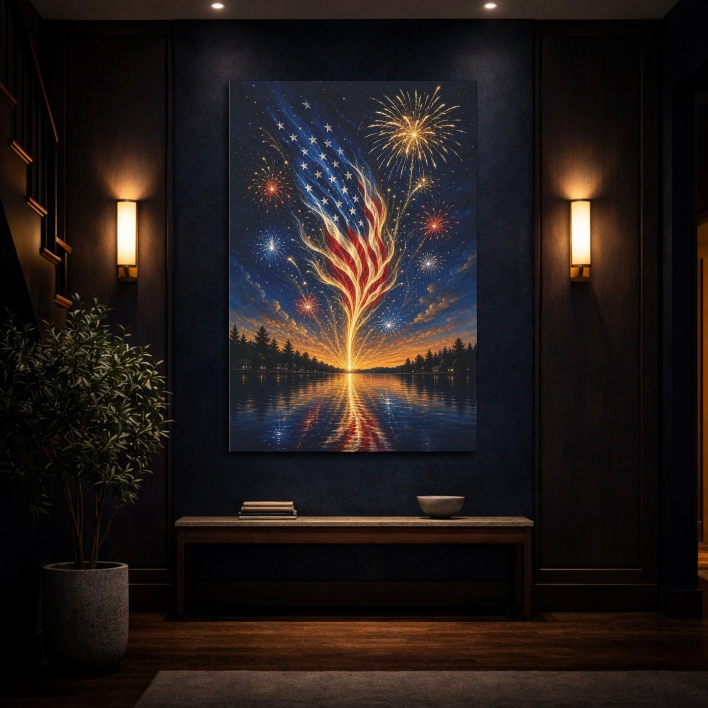 Abstract American Flag Patriotic Fireworks Canvas Print – Vibrant Living Room, Above Sofa - YesArtYes