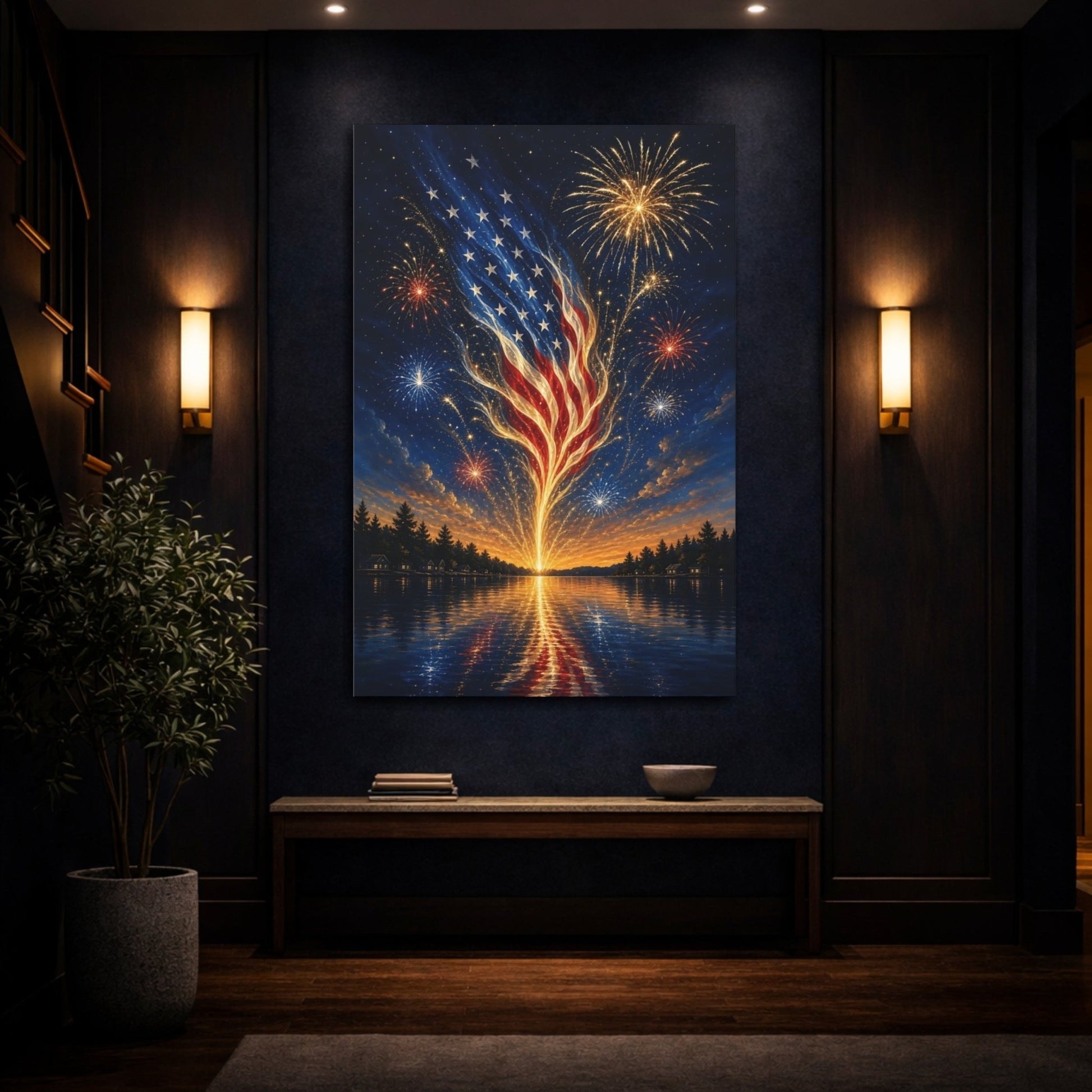 Abstract American Flag Patriotic Fireworks Canvas Print – Vibrant Living Room, Above Sofa - YesArtYes